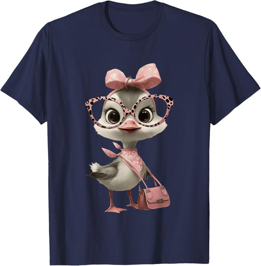 Baby Chick Kawaii Bird Pink Leopard Glasses Portrait Graphic T-Shirt - T-Shirt | Navy
