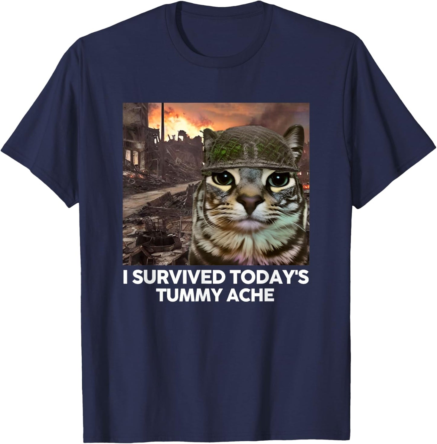 I Survived Today's Tummy Ache Funny Cat Meme Men Women Girls Kids T-Shirt - T-Shirt | Navy