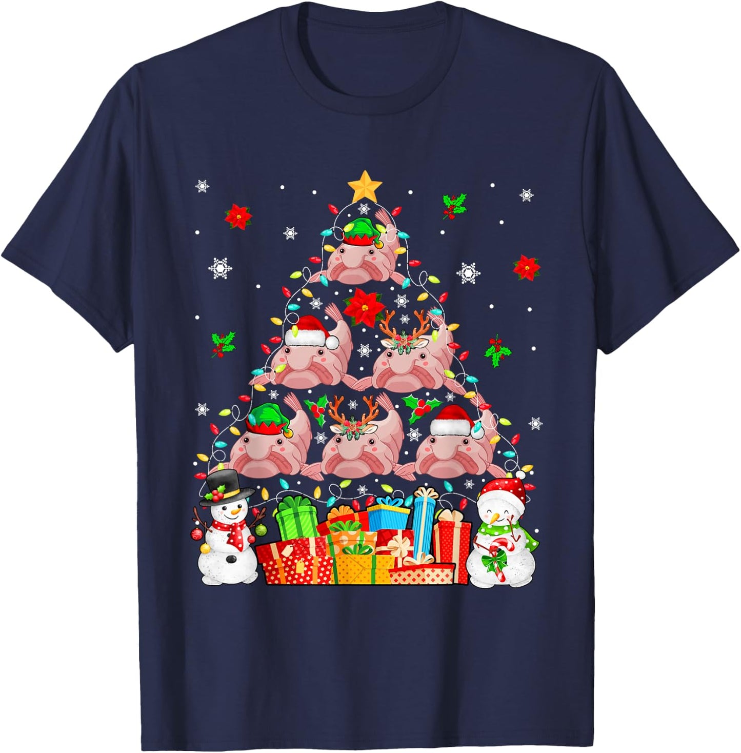 Group Santa Reindeer Elf Blobfishes As Xmas Tree Snowmen T-Shirt - T-Shirt | Navy