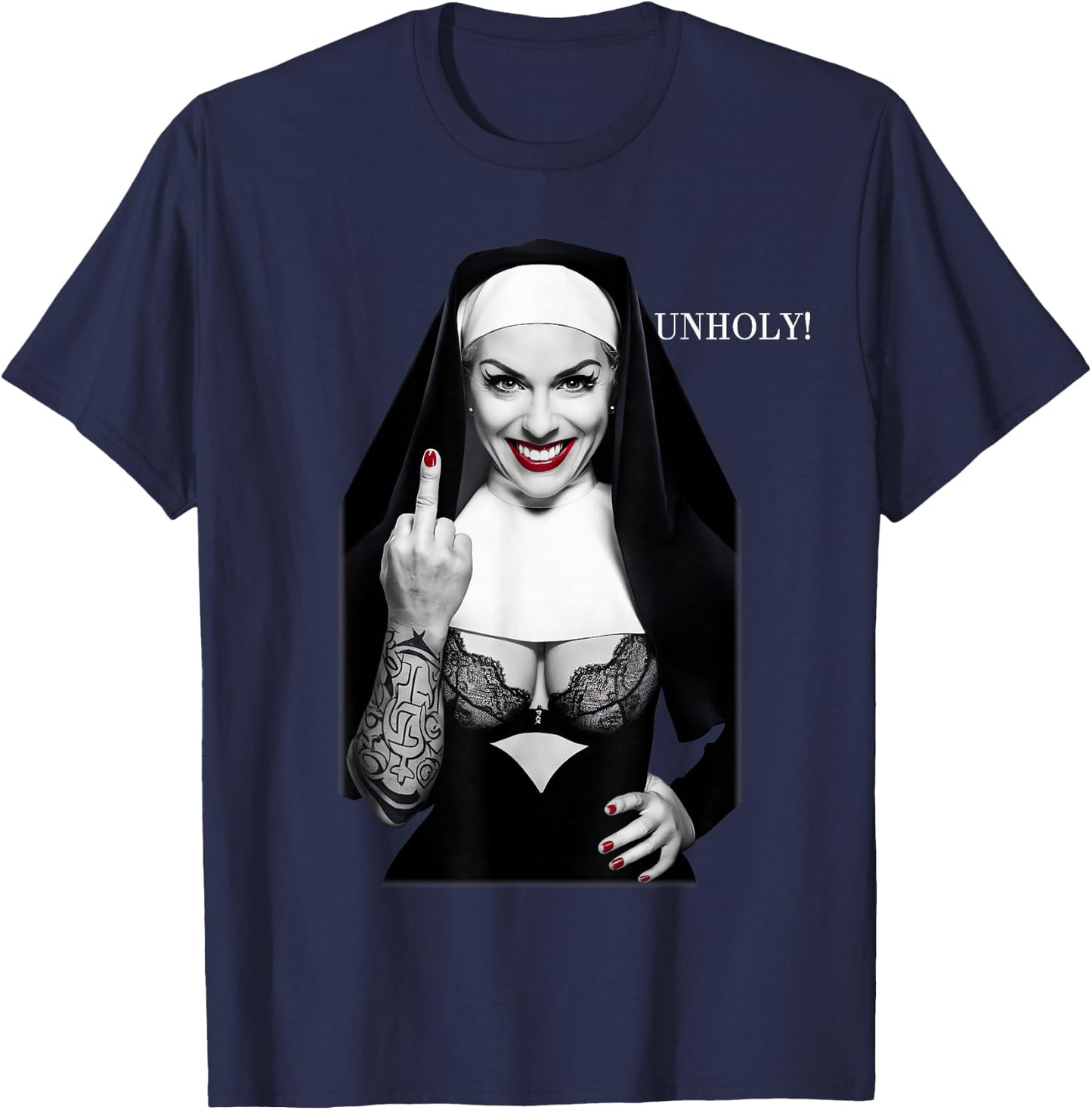 Sexy Nun Middle Finger , black T-Shirt - T-Shirt | Navy