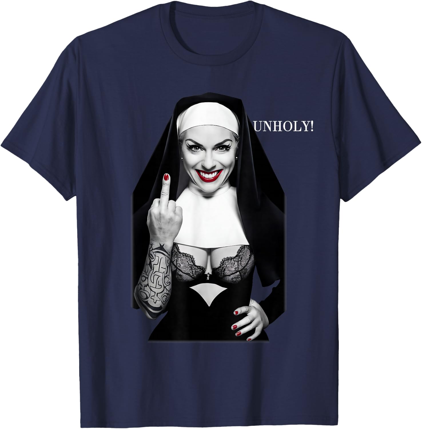 Sexy Nun Middle Finger , black T-Shirt - T-Shirt | Navy