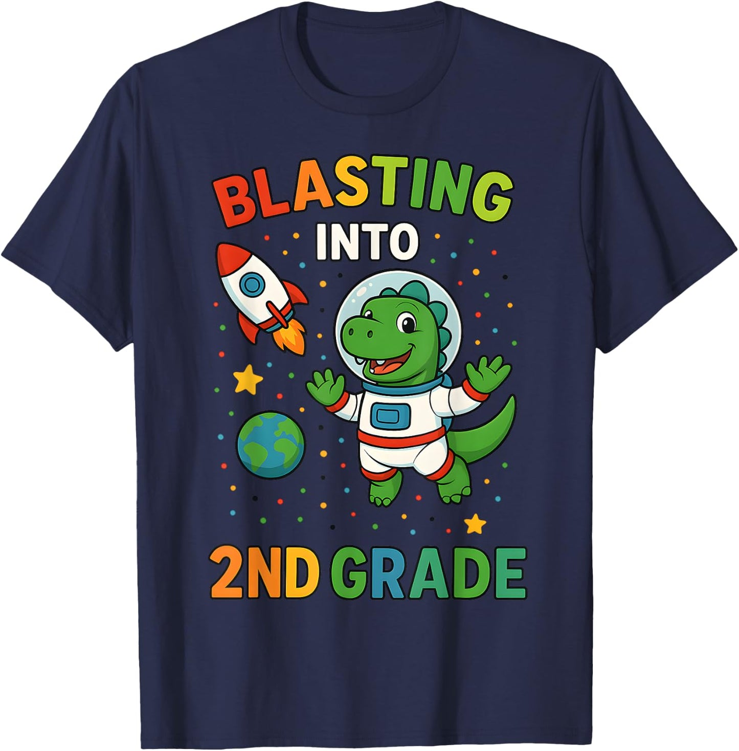 Blasting Into 2nd Grade Dinosaur Astronaut Back To School T-Shirt - T-Shirt | Navy