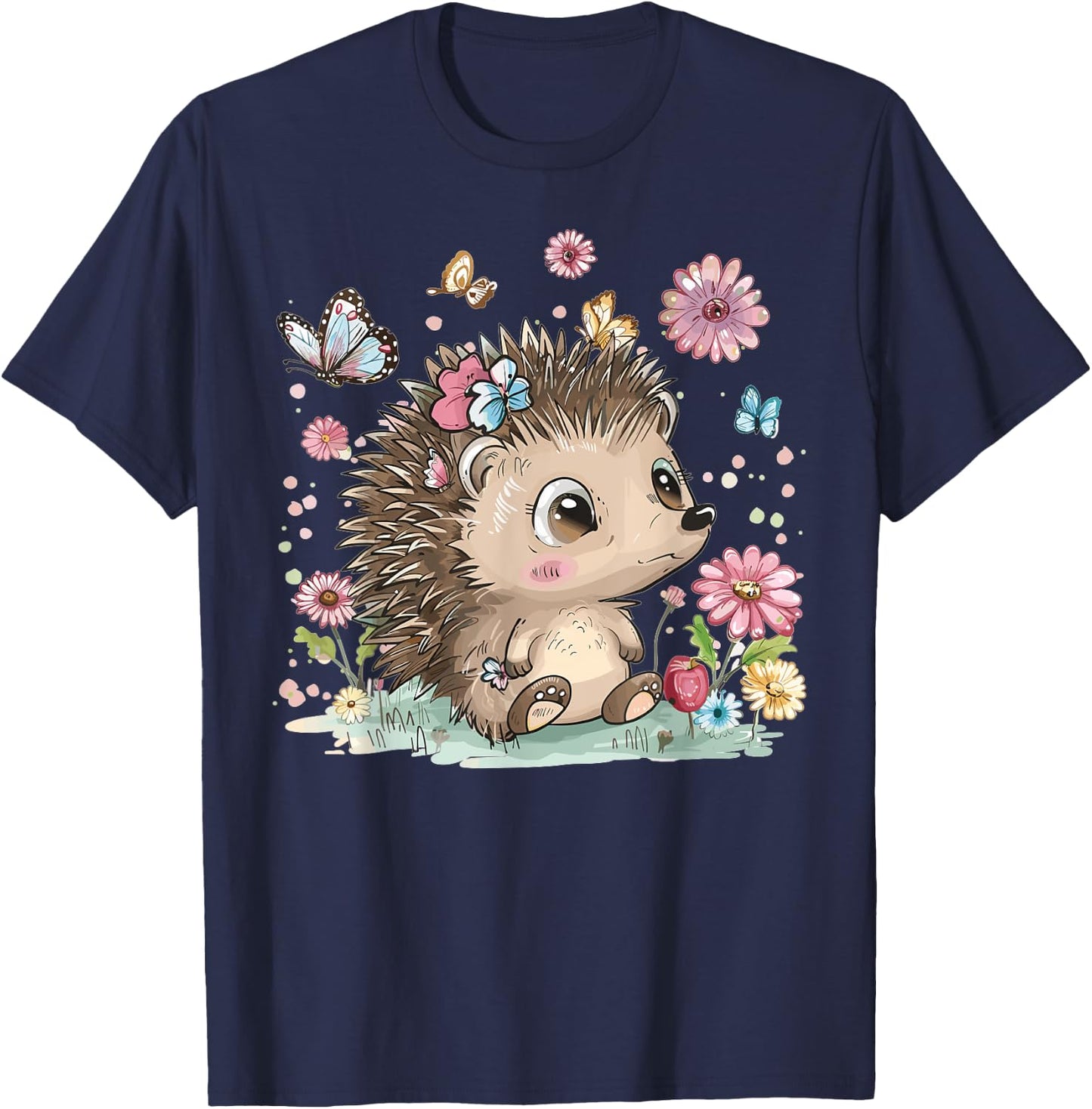 Cute Hedgehog With Flowers I Hedgehog T-Shirt - T-Shirt | Navy