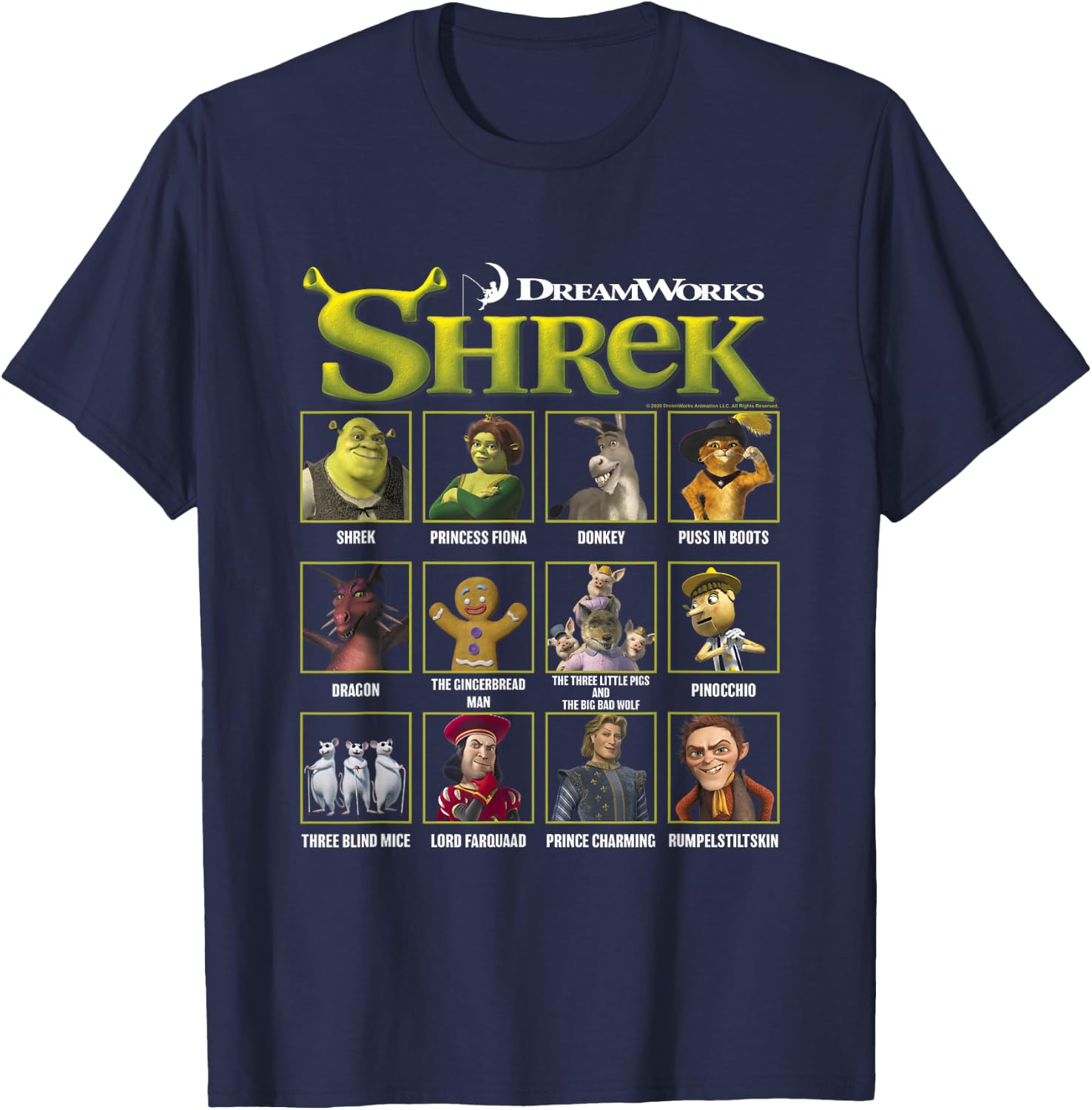 Shrek Iconic Shrek Yearbook Looks Group Shot Chest Panels T-Shirt - T-Shirt | Navy