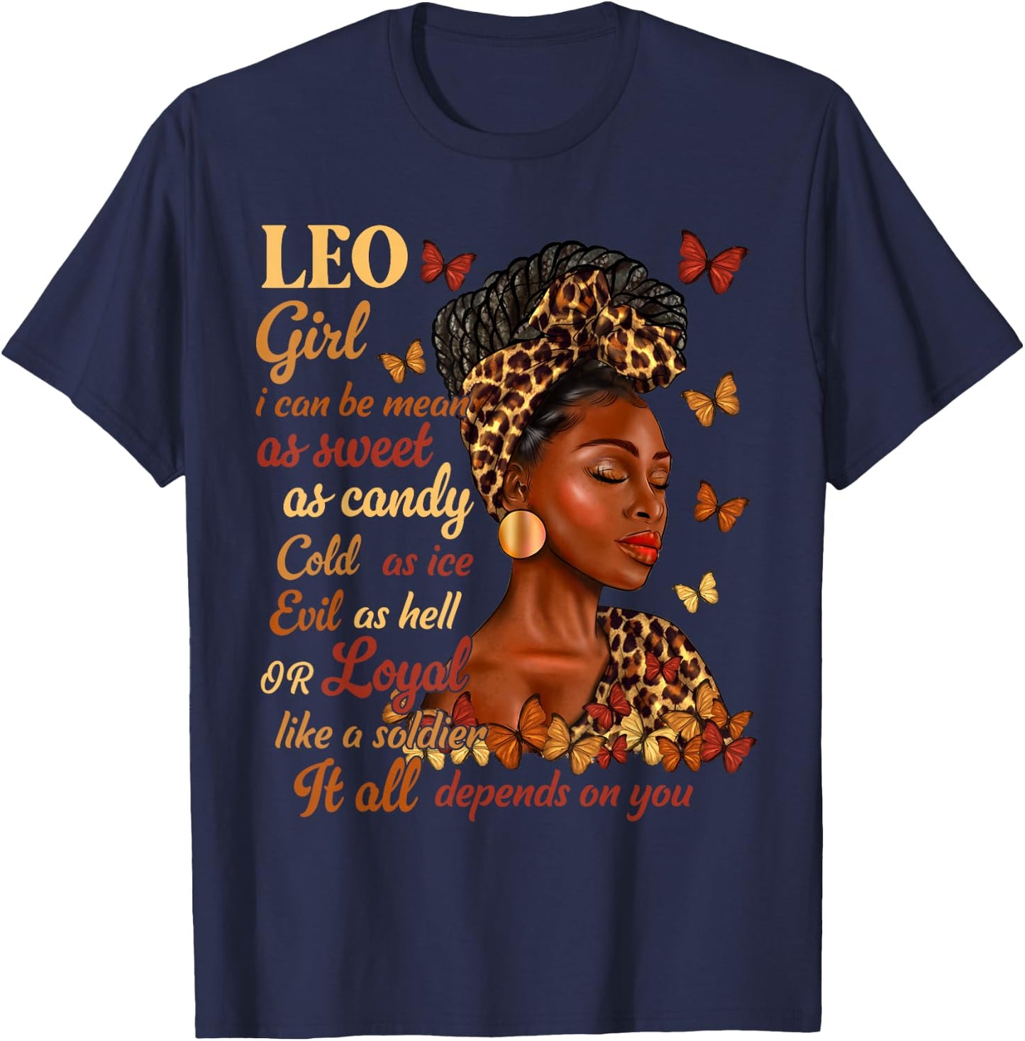 Leo Girl Black Woman Melanin Girl Leopard Zodiac Sign T-Shirt - T-Shirt | Navy