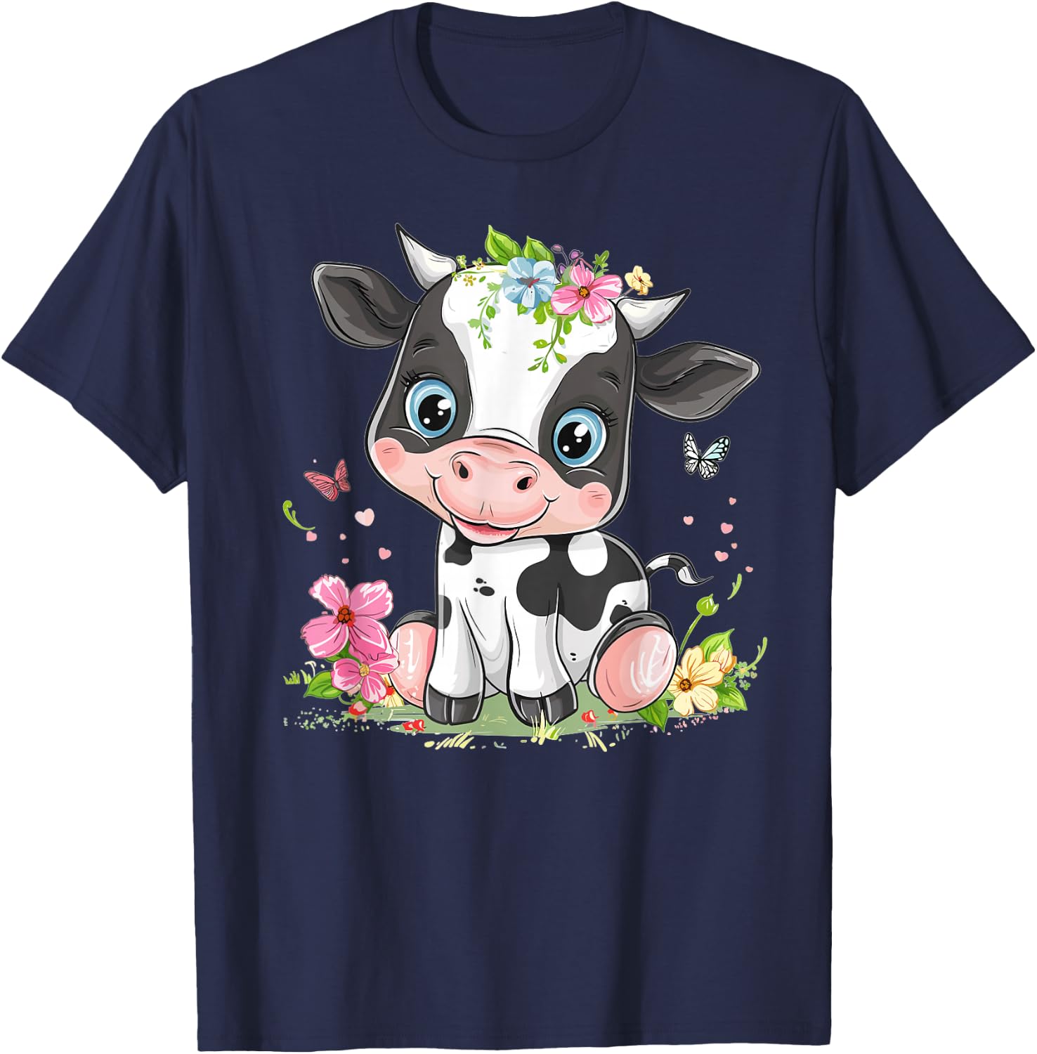 Cute Cow With Flowers I Kids Cow T-Shirt - T-Shirt | Navy