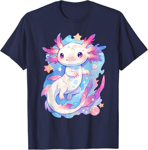 Kawaii Pastel Goth Cute Pink Axolotl with Stars and Moon T-Shirt - T-Shirt | Navy