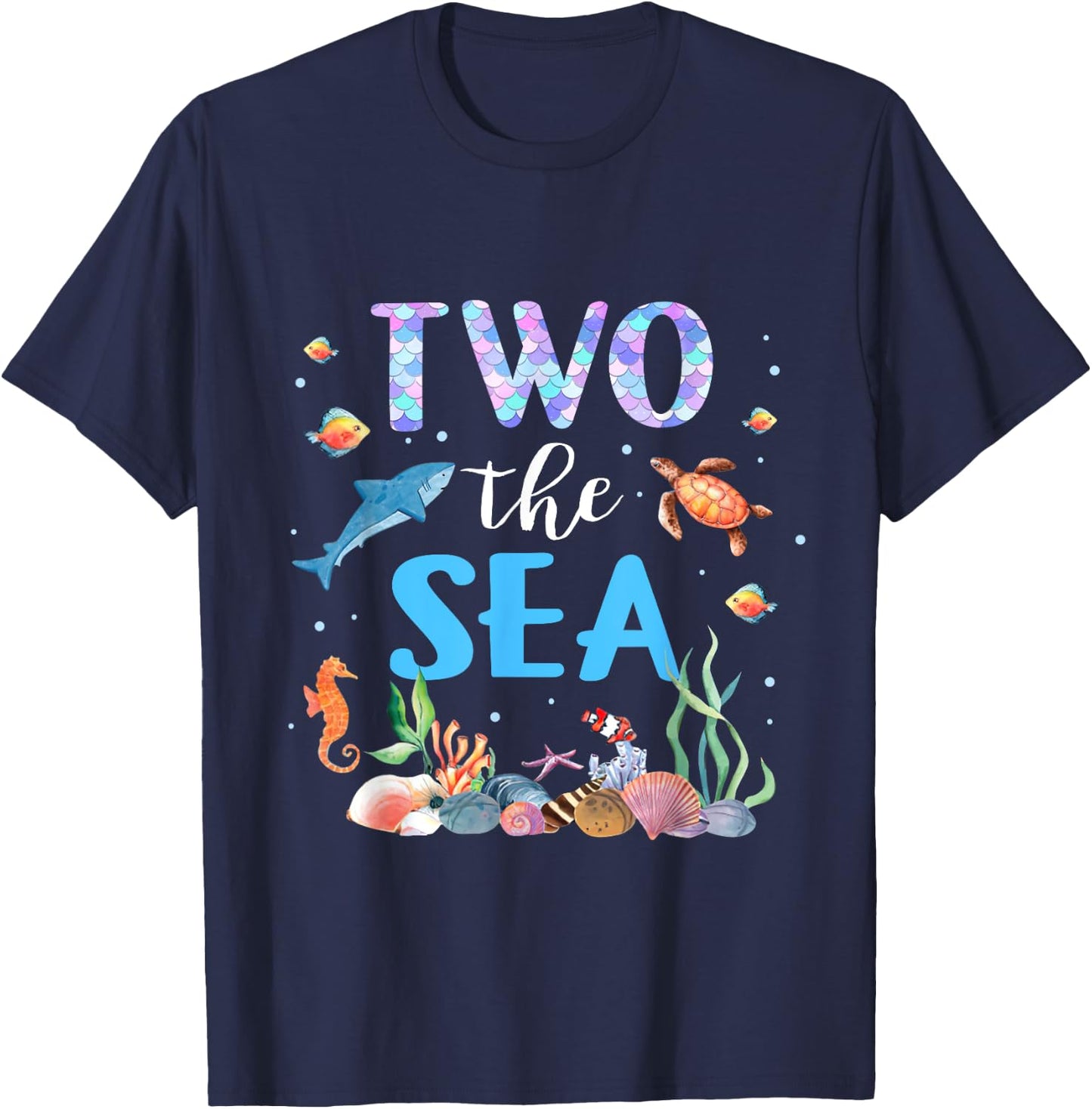 Two The Sea 2nd Birthday Baby Girl Outfits Mermaid Turtle T-Shirt - T-Shirt | Navy
