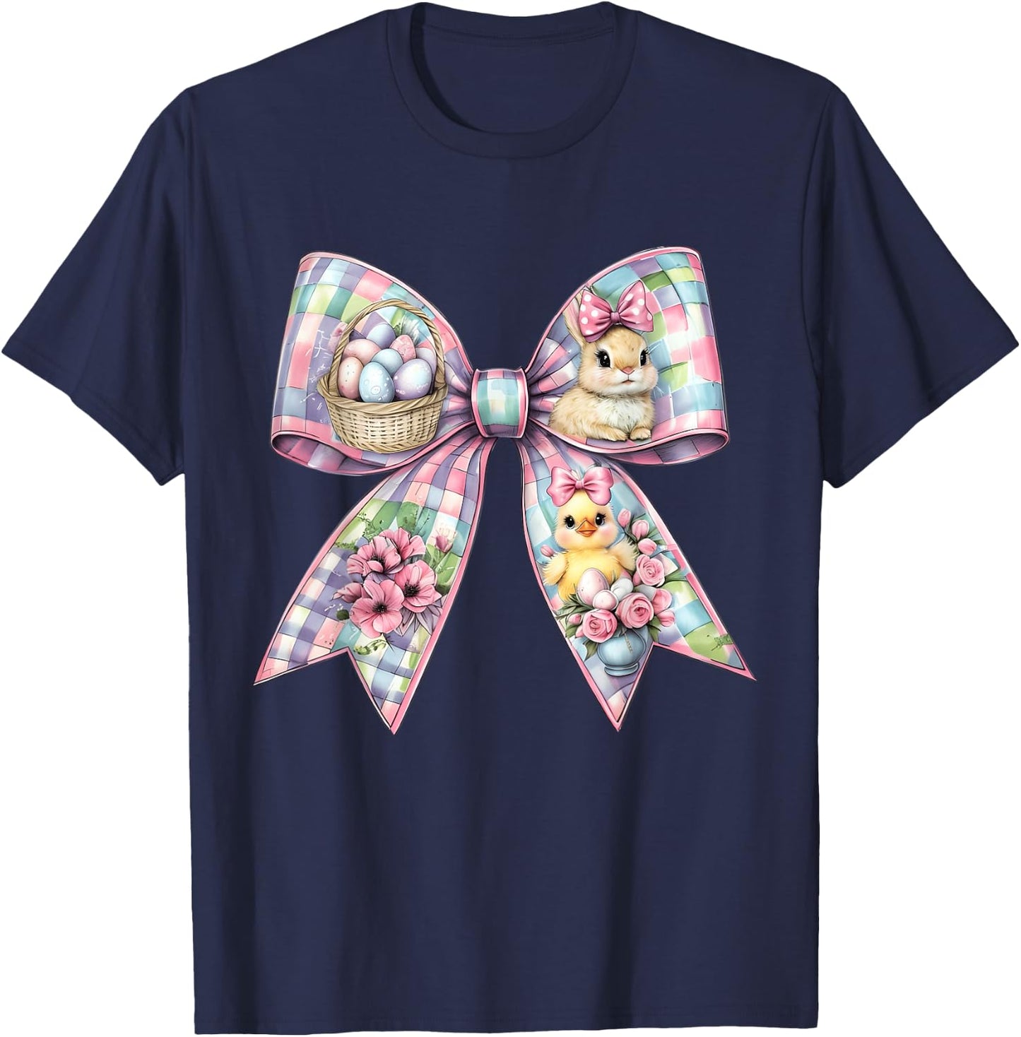Happy Easter Bunny Coquette Bow Floral Spring Women Girl Kid T-Shirt - T-Shirt | Navy
