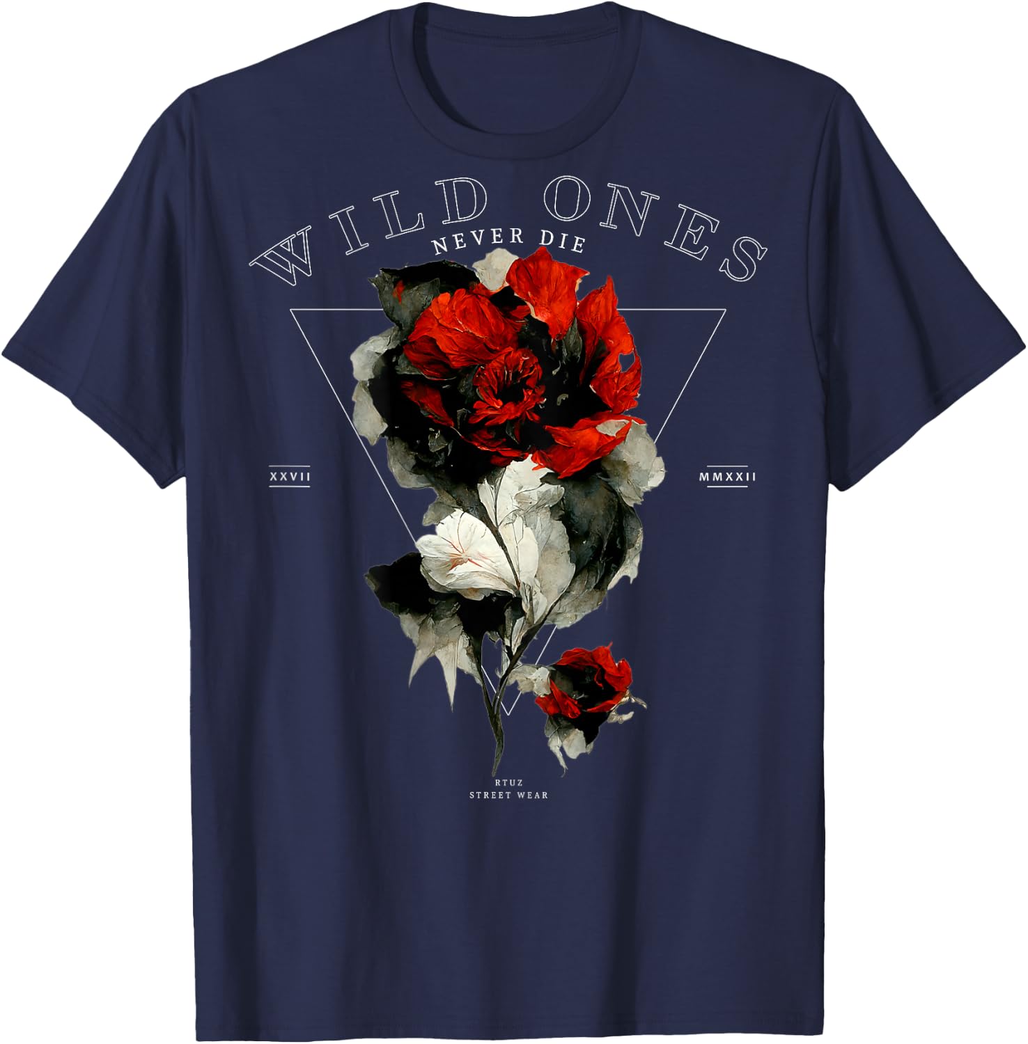 Backprint Streetwear Mode Fashion Damen Herren Retro Rose T-Shirt - T-Shirt | Navy