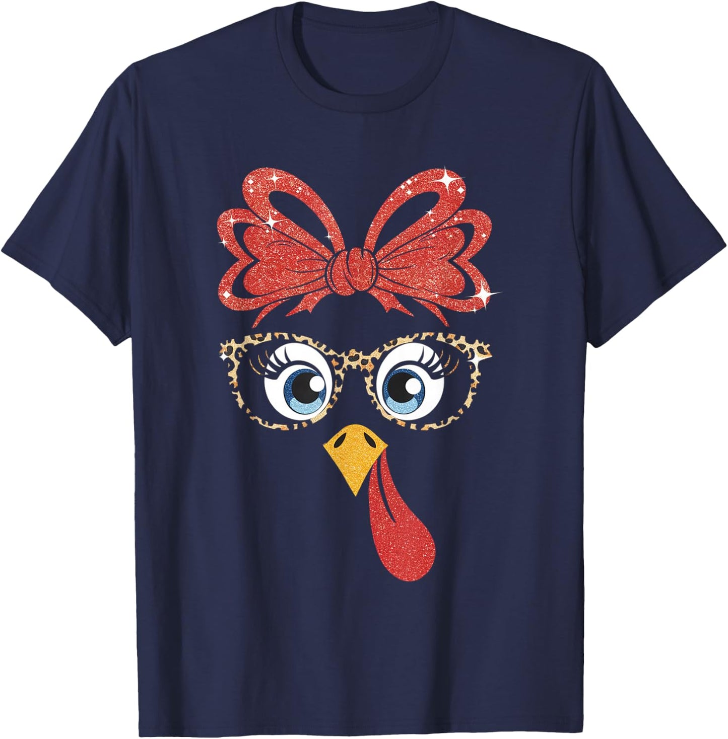 Thanksgiving Turkey Face Leopard Glasses Women Girls T-Shirt - T-Shirt | Navy