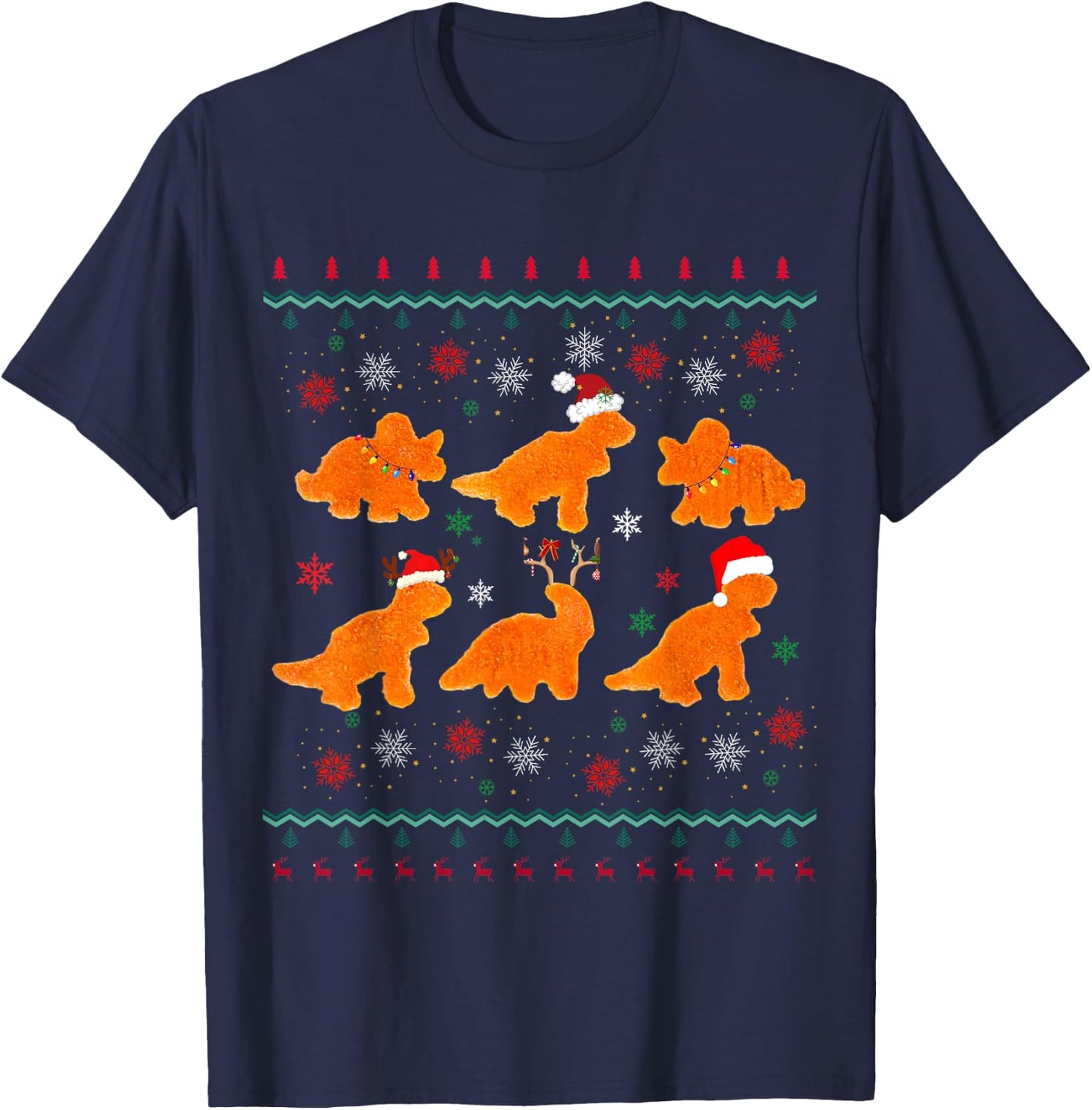 Dinosaur Chicken Nuggets Ugly Christmas Sweater styleFunny T-Shirt - T-Shirt | Navy