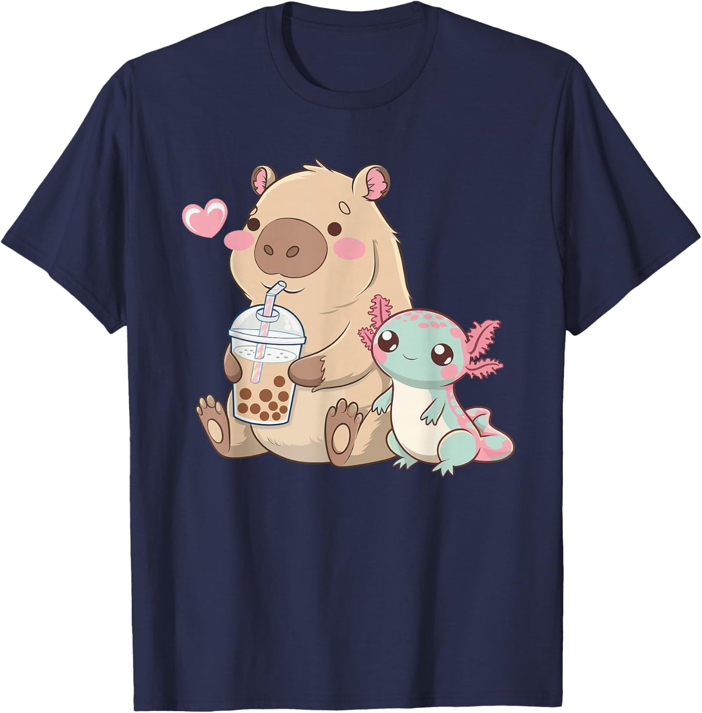 Cute Axolotl Lover Capybara Kawaii Anime Drinking Bubble Tea T-Shirt - T-Shirt | Navy