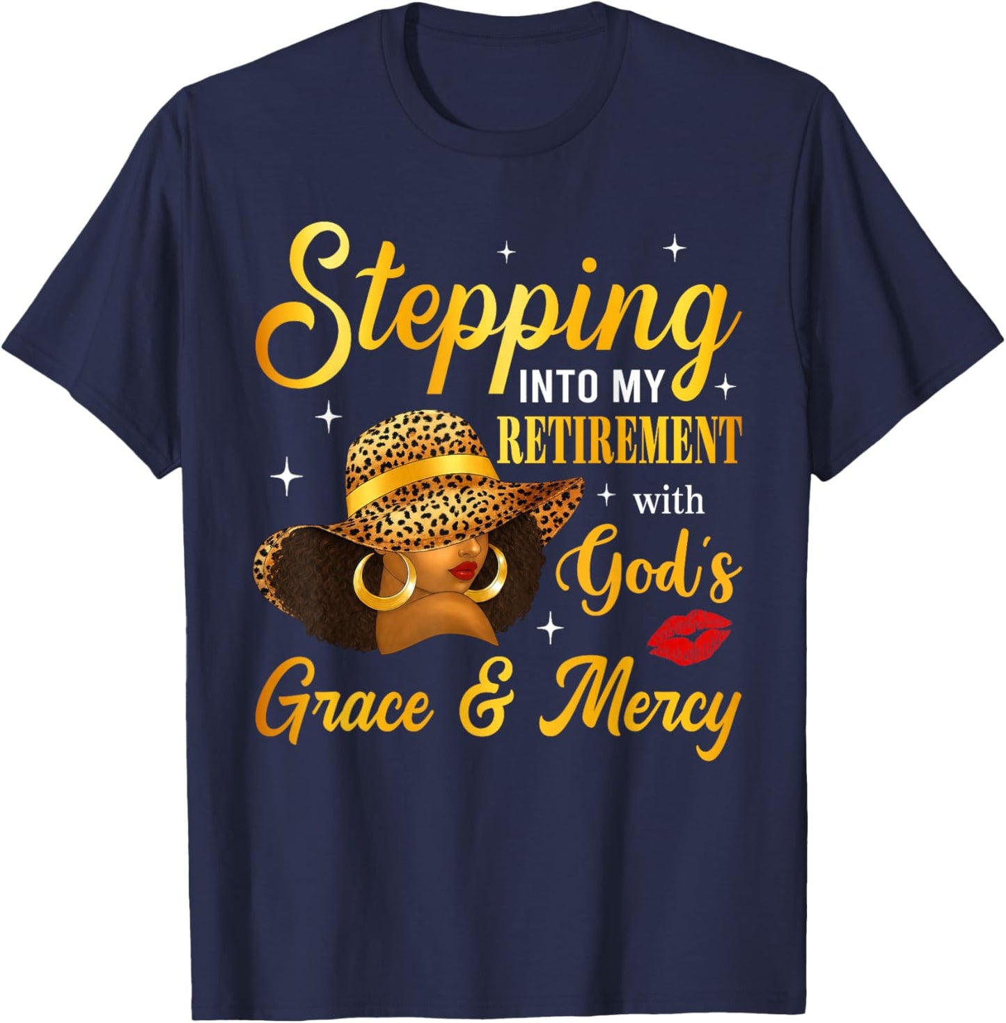 Stepping Into Retirement Afro Woman Leopard Sun Hat Retired T-Shirt - T-Shirt | Navy