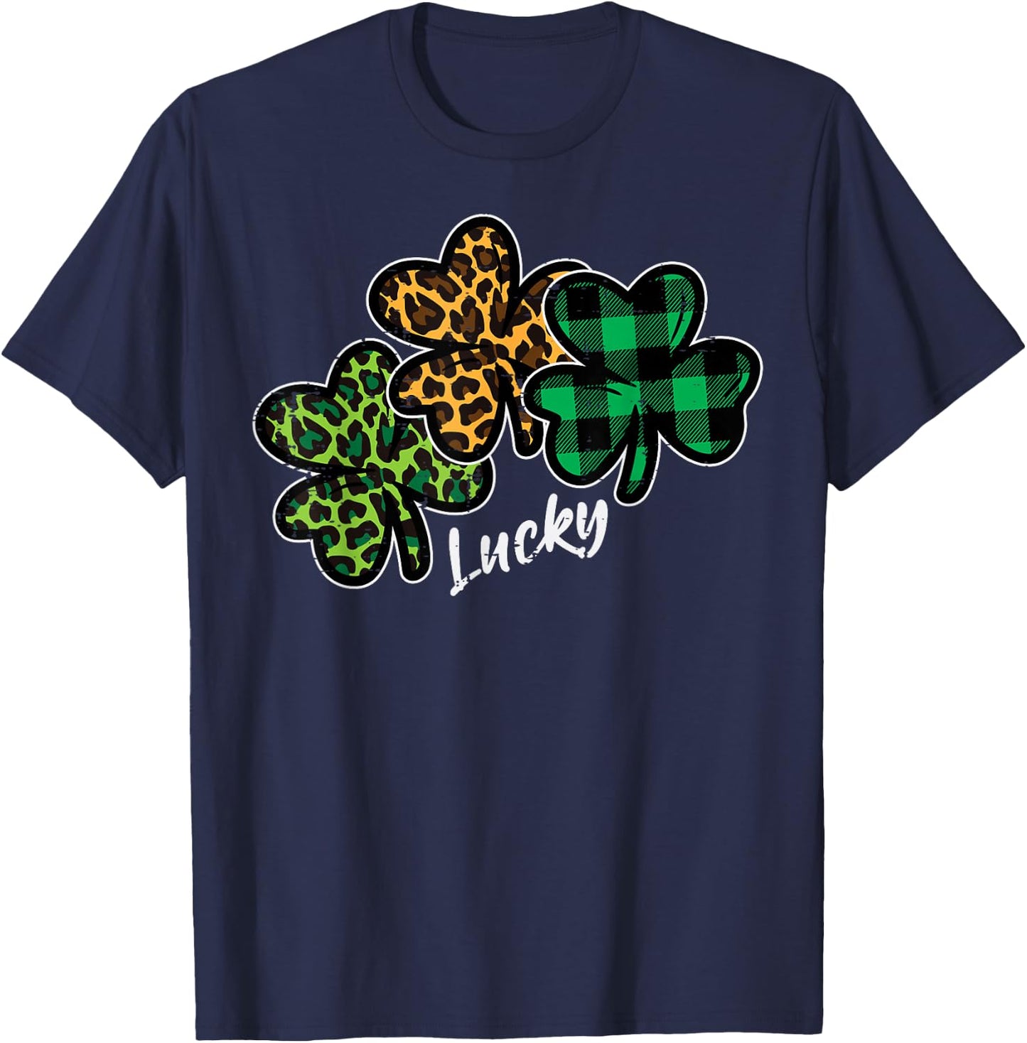 Leopard Shamrocks Lucky St Patricks Day Women Girls Kids T-Shirt - T-Shirt | Navy