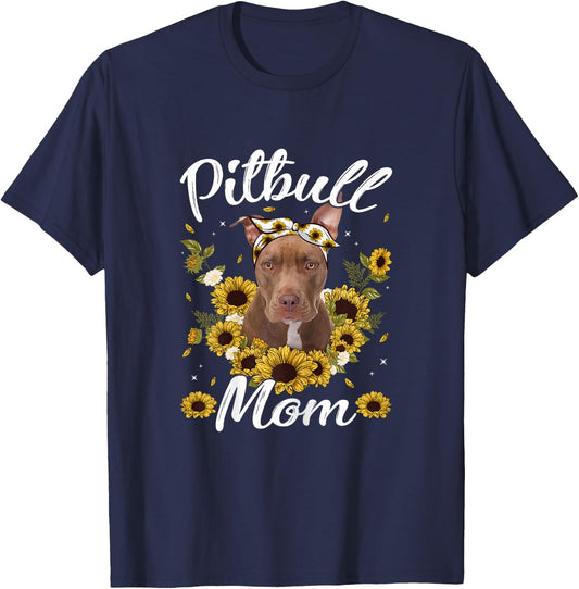 Cute Pitbull Mom Sunflower Dog Mom Mother's Day T-Shirt - T-Shirt | Navy