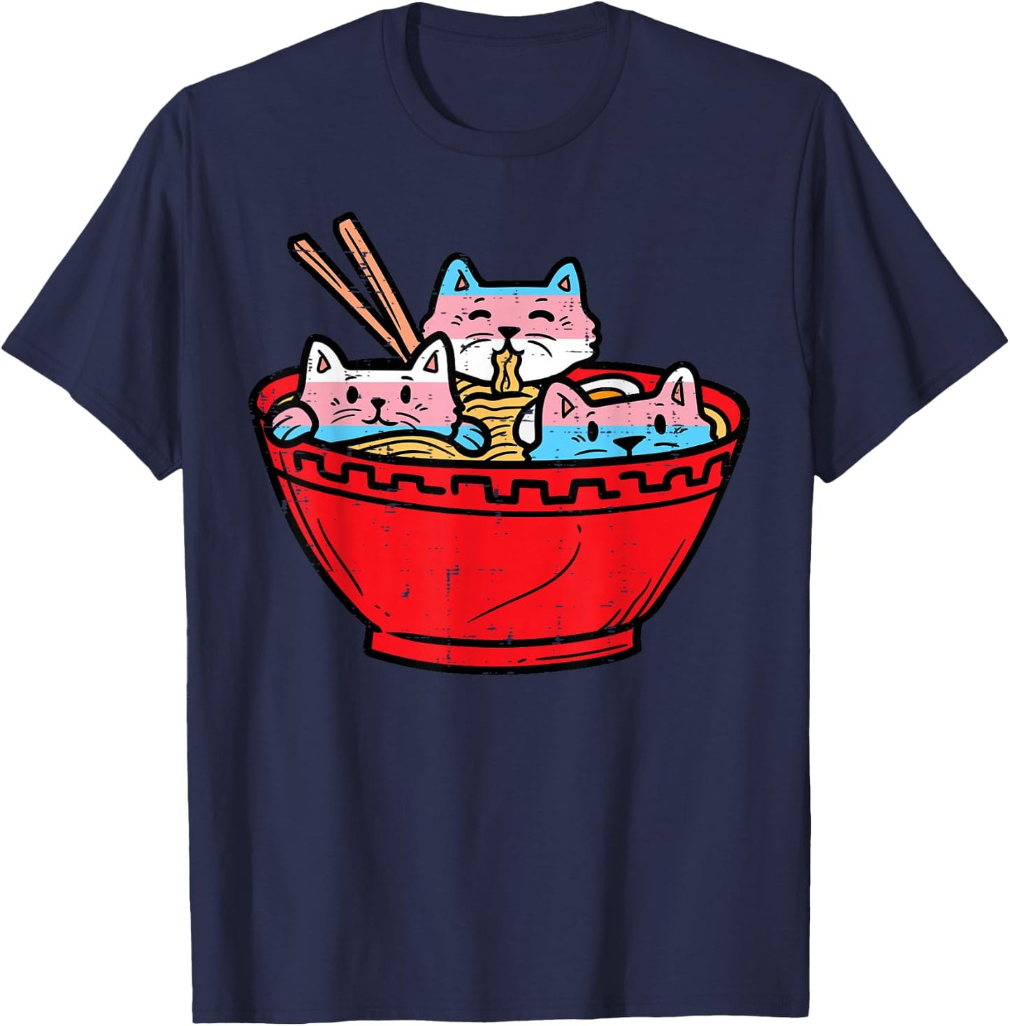 Ramen Cats Transgender Trans Pride Flag Japanese Noodle Food T-Shirt - T-Shirt | Navy