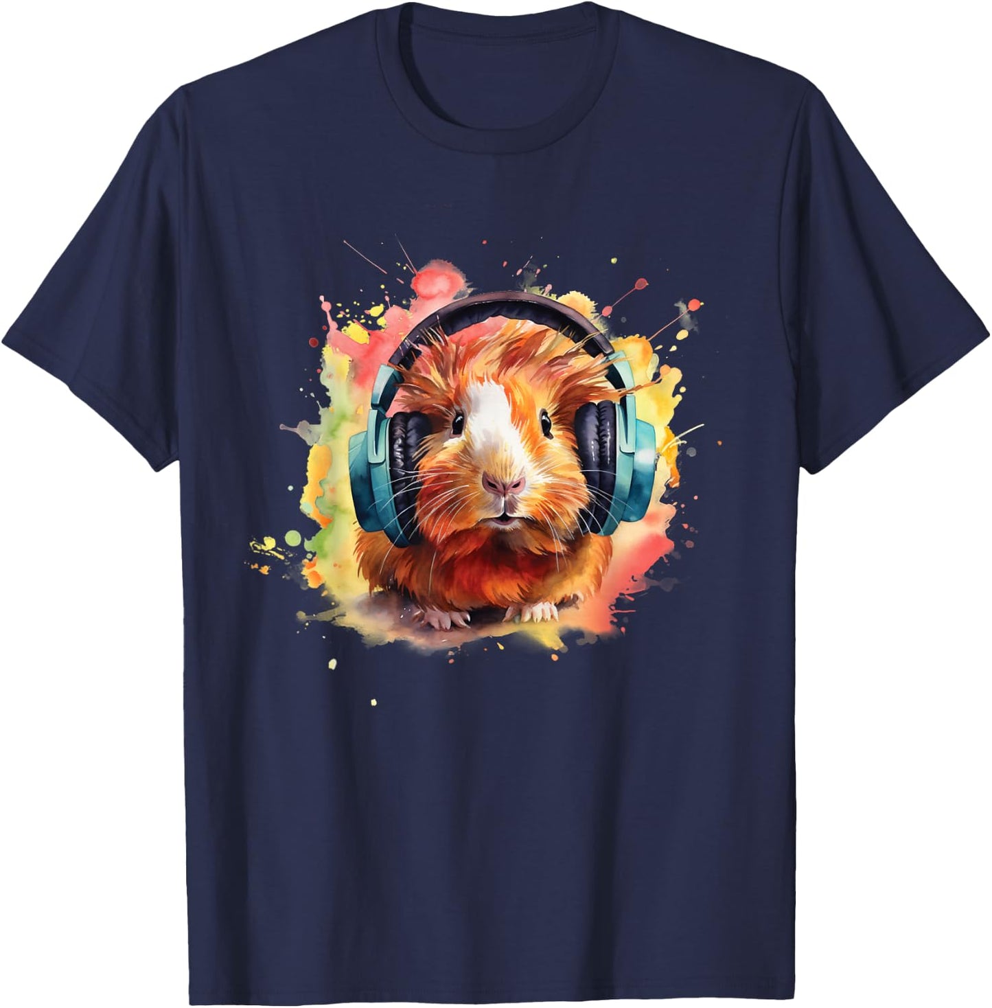 Watercolor Headphones Funny Guinea Pig T-Shirt - T-Shirt | Navy