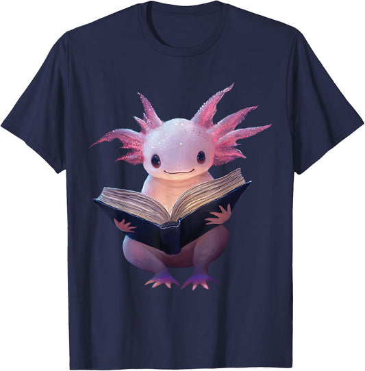 Axolotl Bookworm Reading Book Funny Kawaii Graphic T-Shirt - T-Shirt | Navy