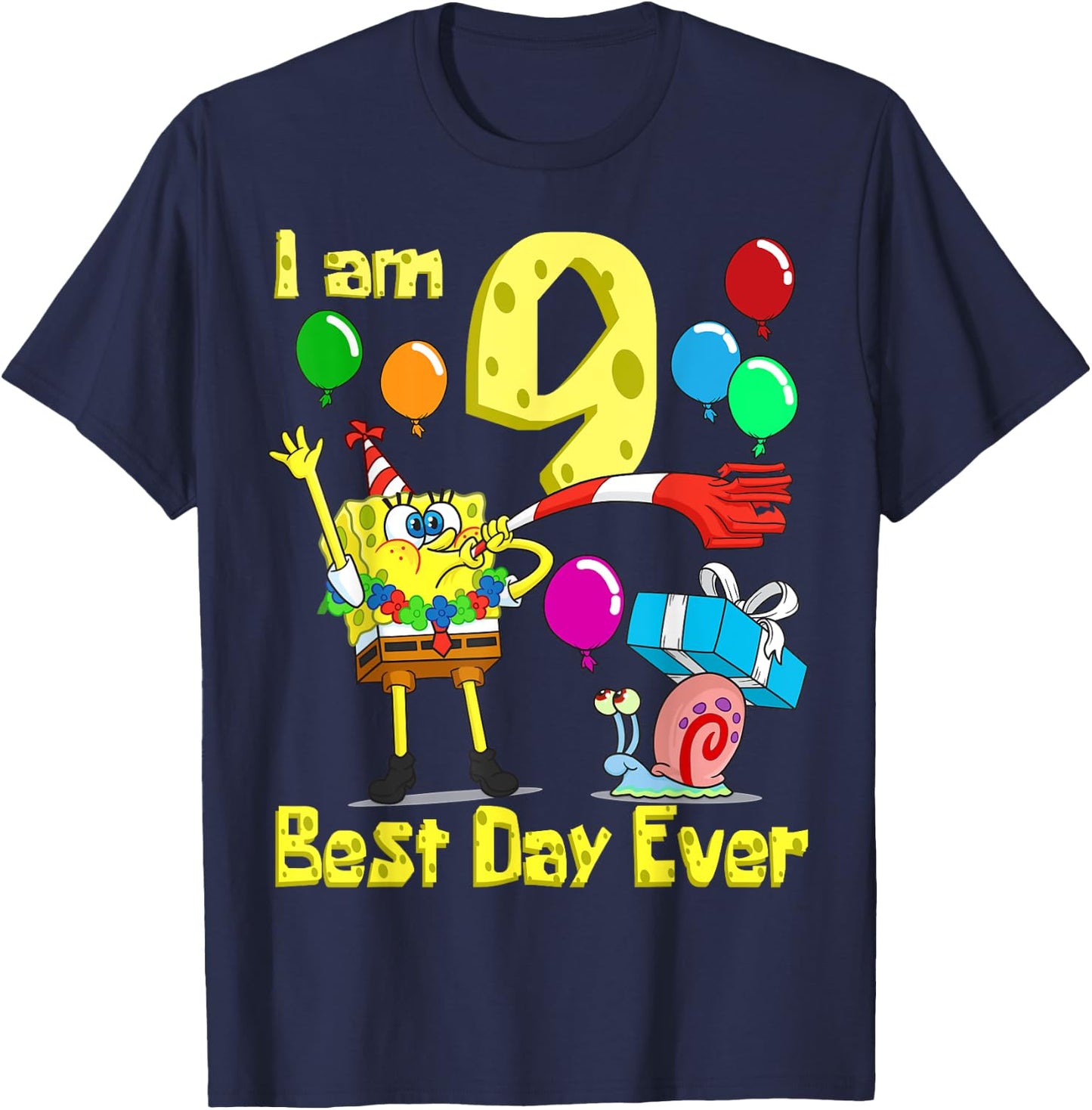 Mademark x SpongeBob SquarePants - SpongeBob I am 9 Years Old Birthday Party T-Shirt - T-Shirt | Navy
