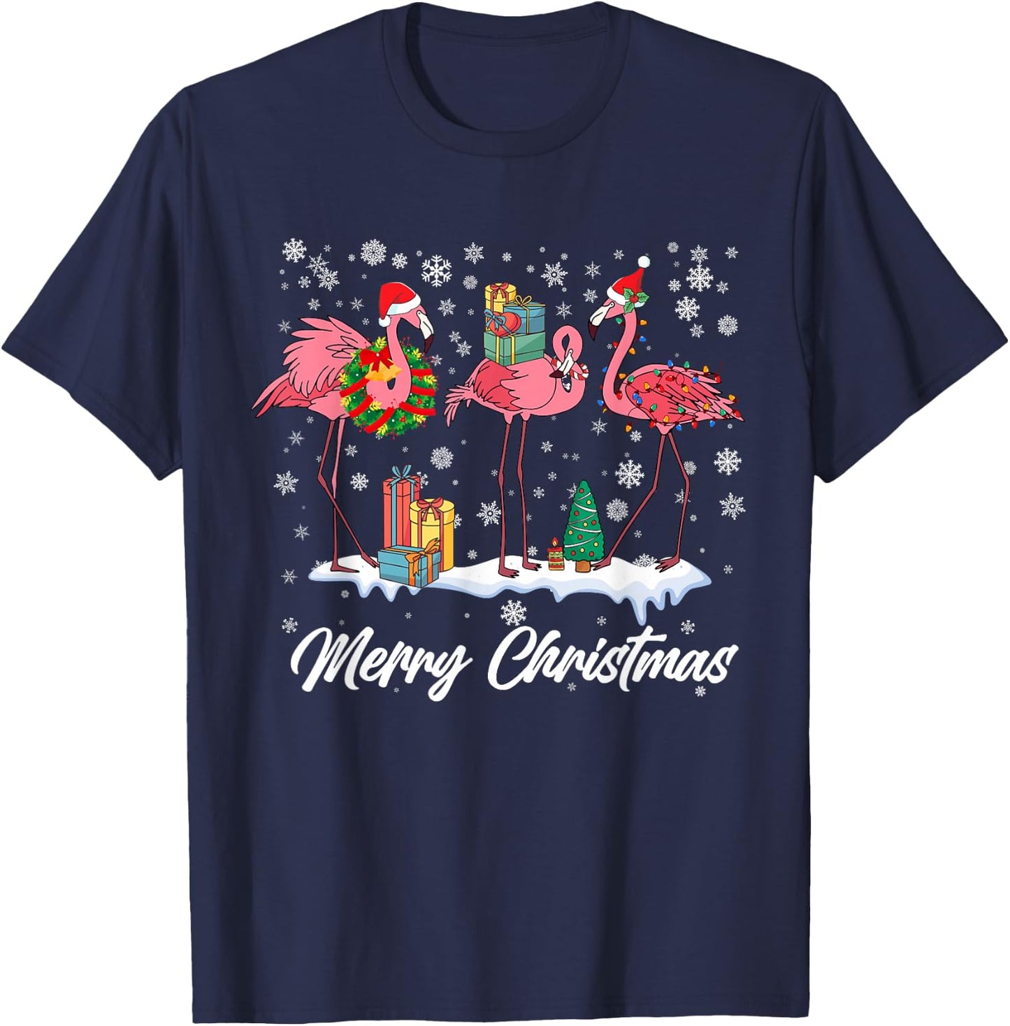 Pink Flamingo Hat Santa Merry Christmas Lights Girls T-Shirt - T-Shirt | Navy