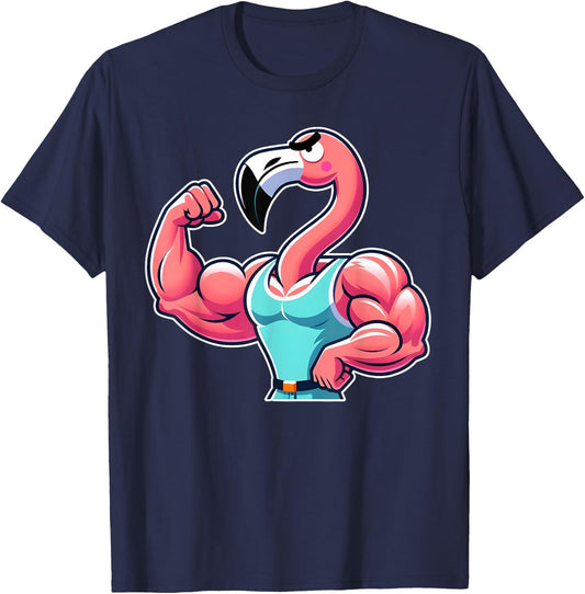 Bodybuilder Flamingo Flexing Muscles Workout Gym Enthusiast T-Shirt - T-Shirt | Navy