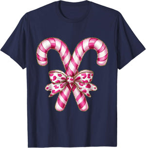 Christmas Candy Cane Coquette Bow Xmas Holiday Women Girls T-Shirt - T-Shirt | Navy