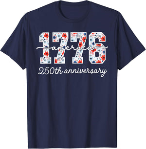 Distressed Floral 1776 America USA 250th Anniversary T-Shirt - T-Shirt | Navy