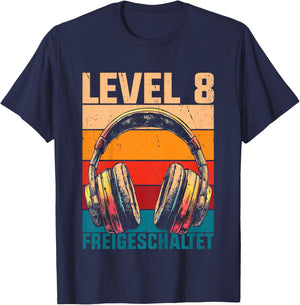 Kids 8th Birthday Boys Video Gamer Level 8 Unlocked Boys , black T-Shirt - T-Shirt | Navy