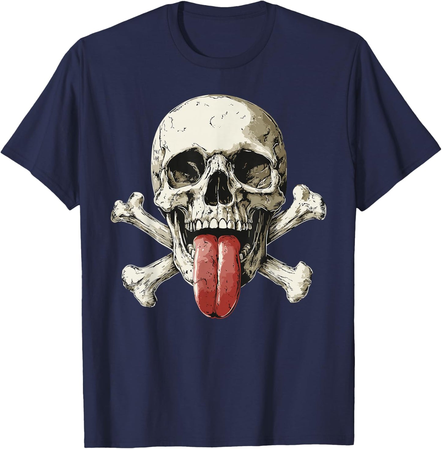 Modern Skull, Tongue Out Pirate Skull , Black, S T-Shirt - T-Shirt | Navy