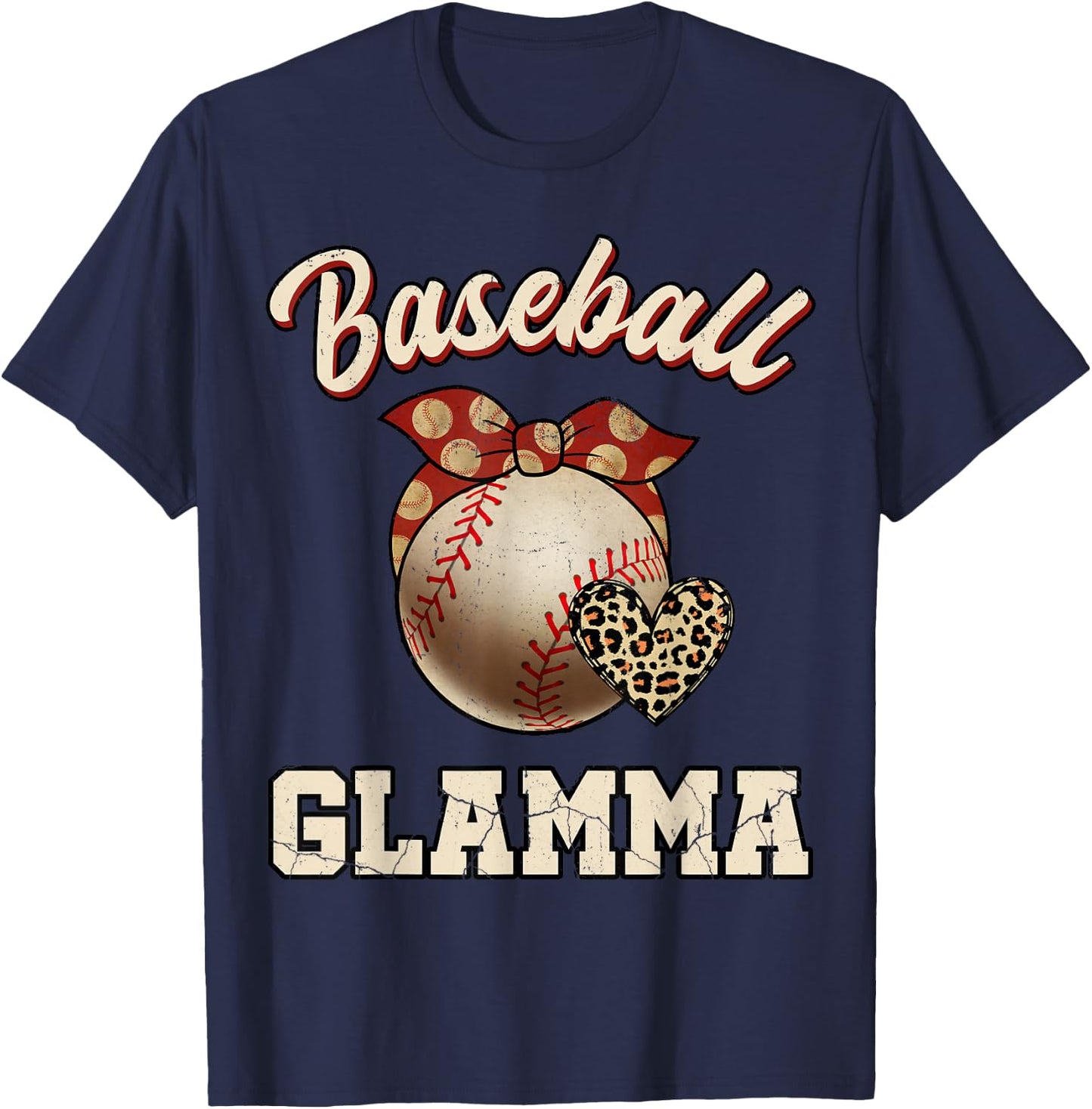 Baseball Glamma Bandana Leopard Heart Fans Mother's Day T-Shirt - T-Shirt | Navy