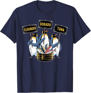 Funny Penguins Selling Flounder Dorado Tuna Fish Anti Trump T-Shirt - T-Shirt | Navy