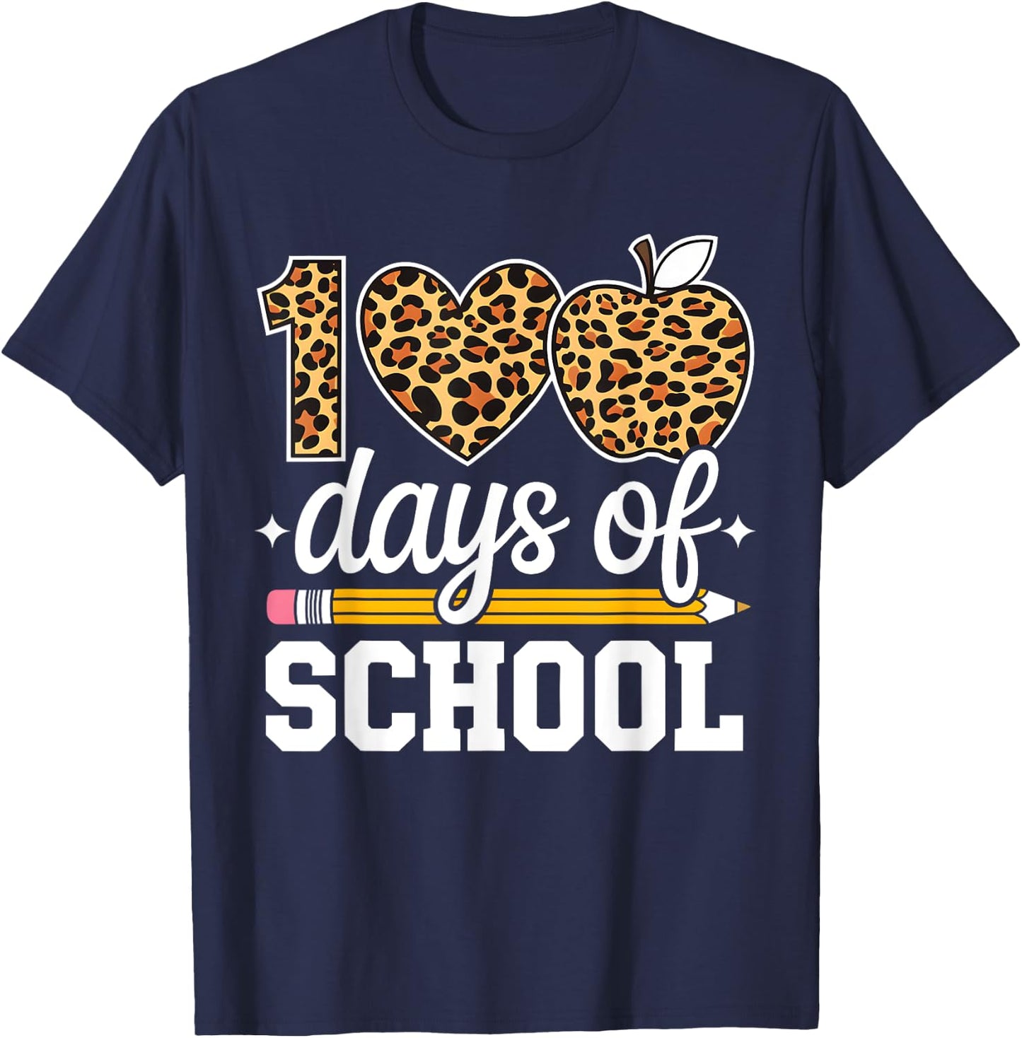 100 Days Of School Leopard Teacher Happy 100th Day Of School T-Shirt - T-Shirt | Navy