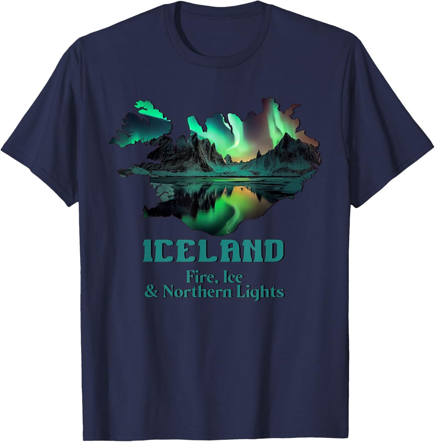 Aurora Borealis Island Natur Feuer Eis Camping Wandern T-Shirt - T-Shirt | Navy
