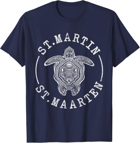 St. Martin St Maarten Turtle Caribbean Beach Vacation Grunge T-Shirt - T-Shirt | Navy