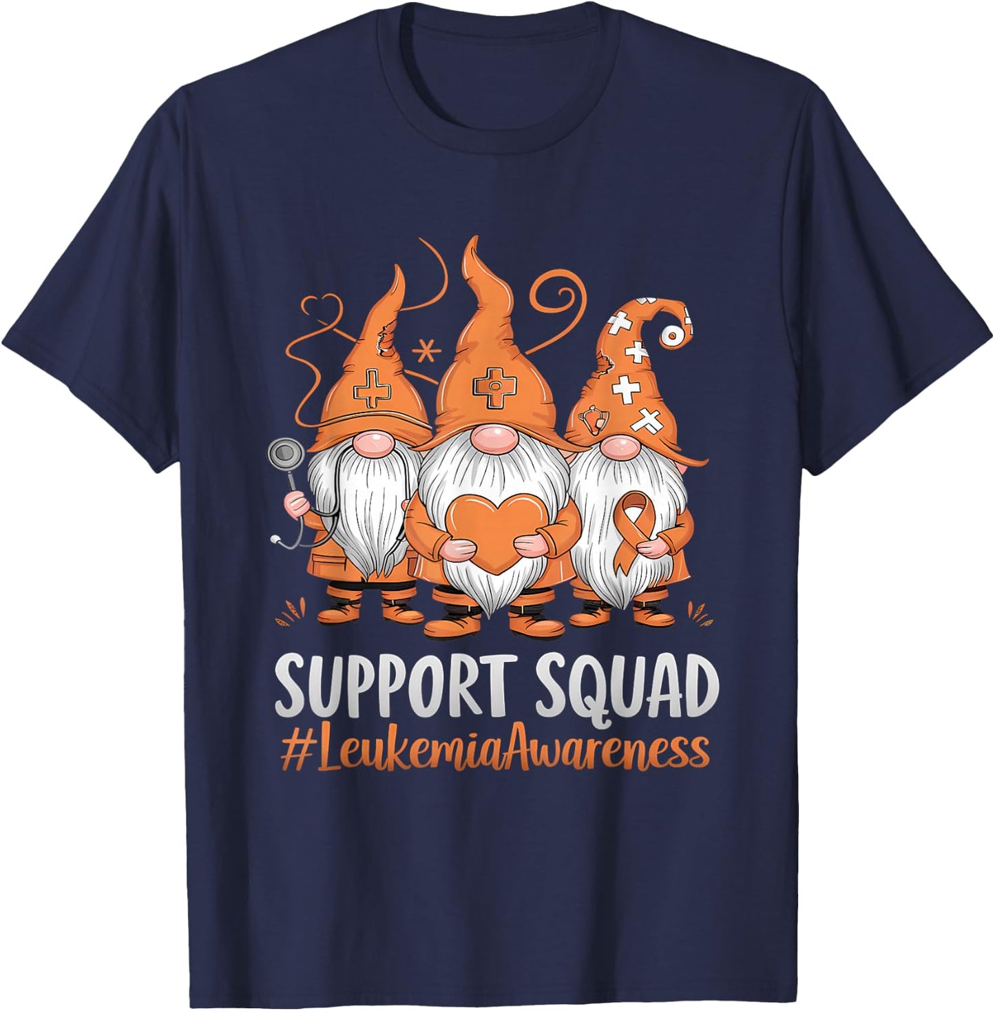 Leukemia Cancer Awareness Gnome Support Squad Orange Ribbon T-Shirt - T-Shirt | Navy