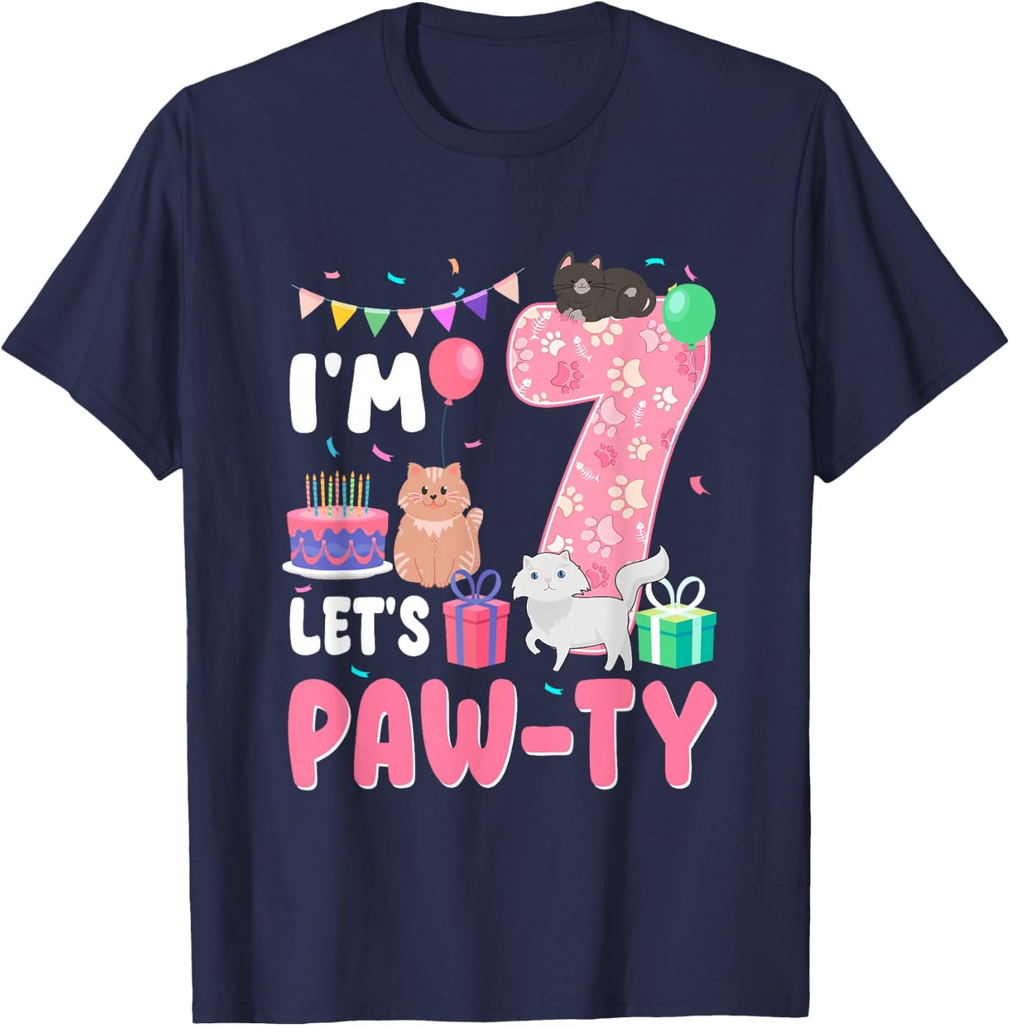 I'm 7 Let's Paw-Ty 7th Birthday Cats Lover 7 Year Old T-Shirt - T-Shirt | Navy