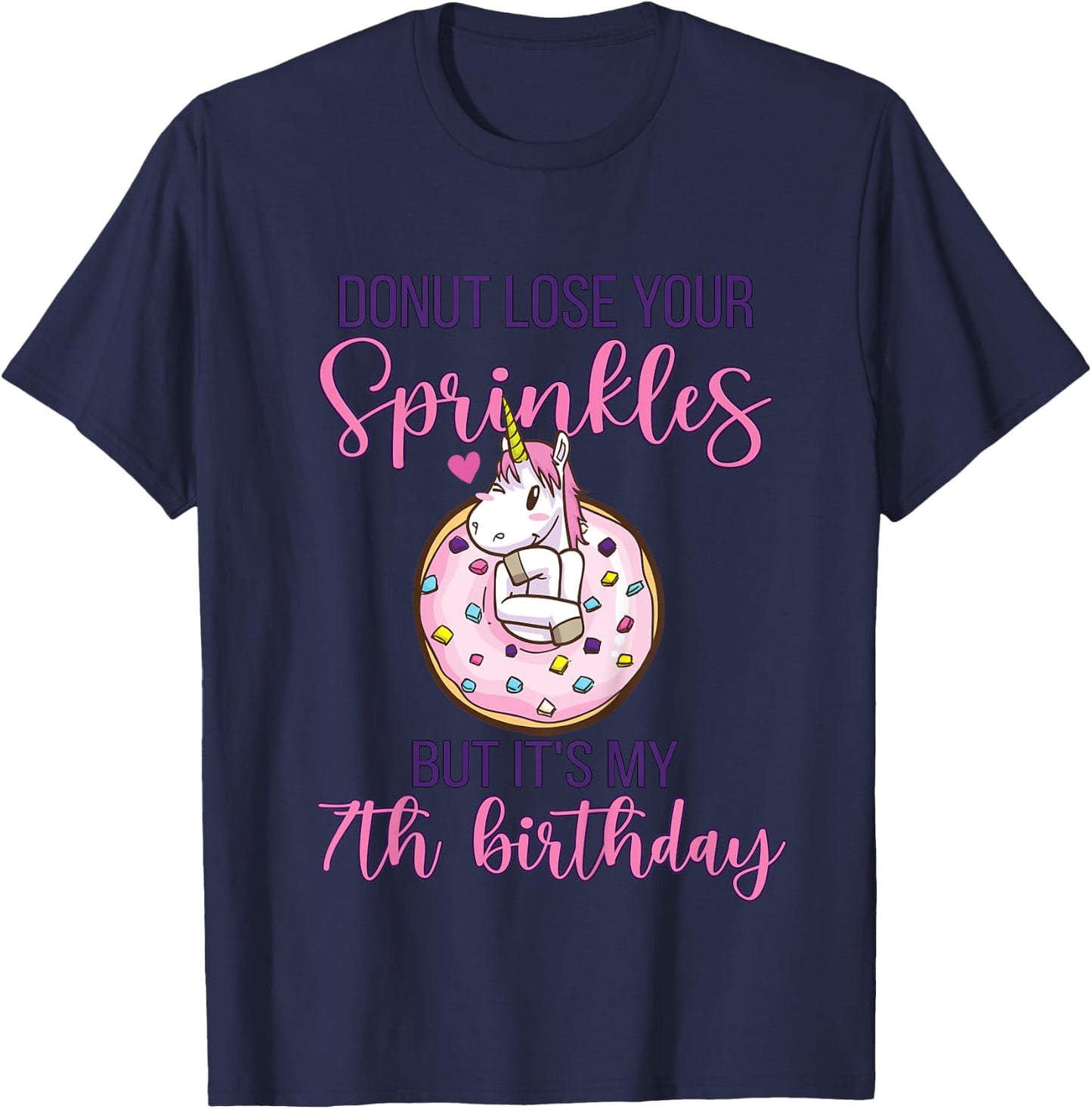 7th Donut Birthday Party Unicorn Seven Year Old Sweet Girl T-Shirt - T-Shirt | Navy