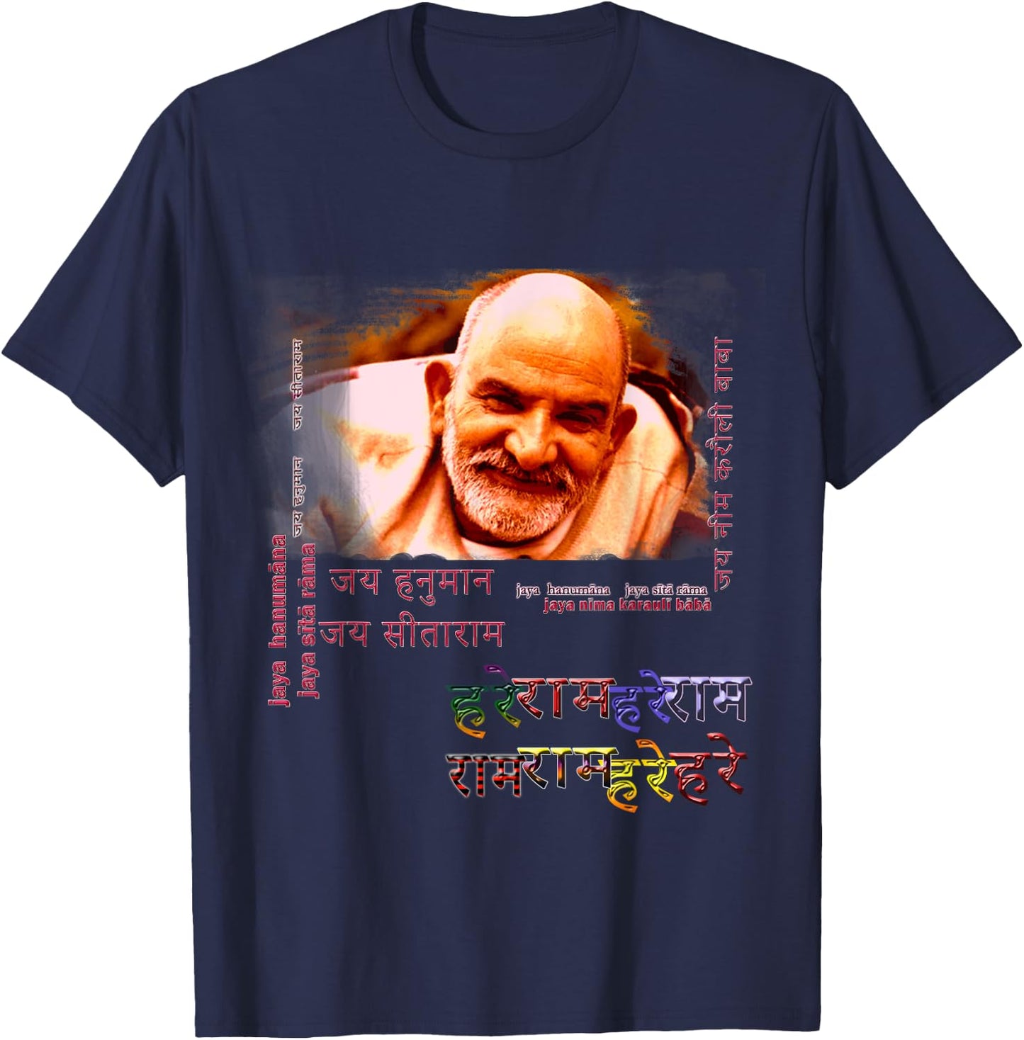 Baba Neem Karoli Maharaj with Hanuman Chalisa on Back T-Shirt - T-Shirt | Navy