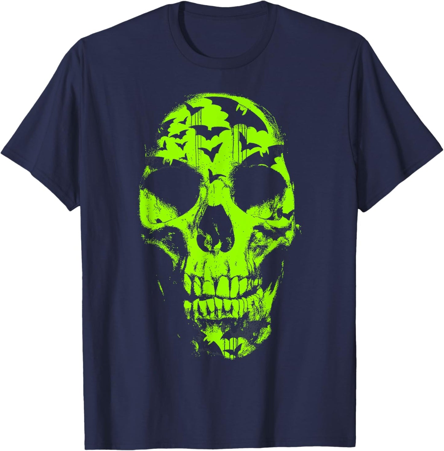 Halloween Neon Green Skull Bat Distressed T-Shirt - T-Shirt | Navy
