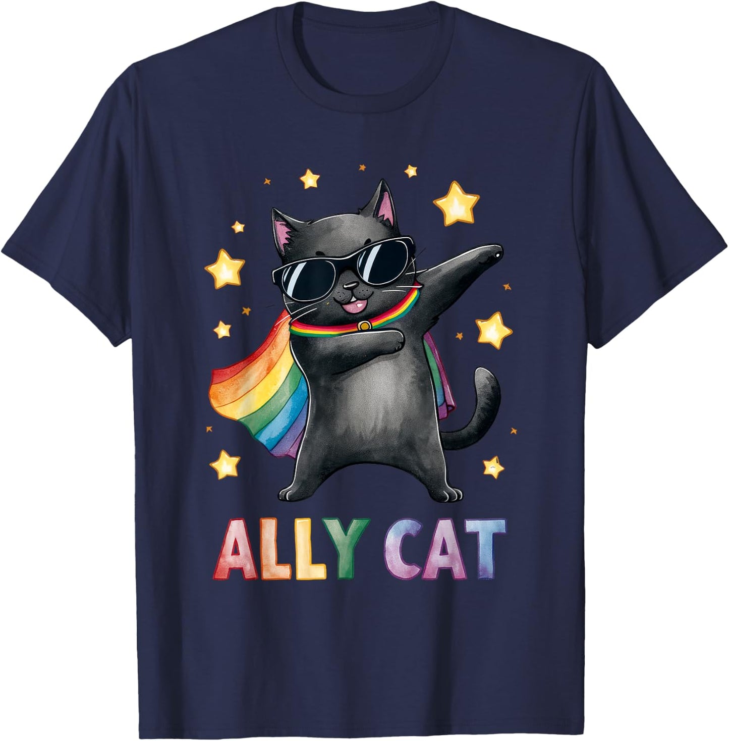 Gay Pride Month Ally Cat Funny LGBTQ Rainbow Men Women Kids T-Shirt - T-Shirt | Navy