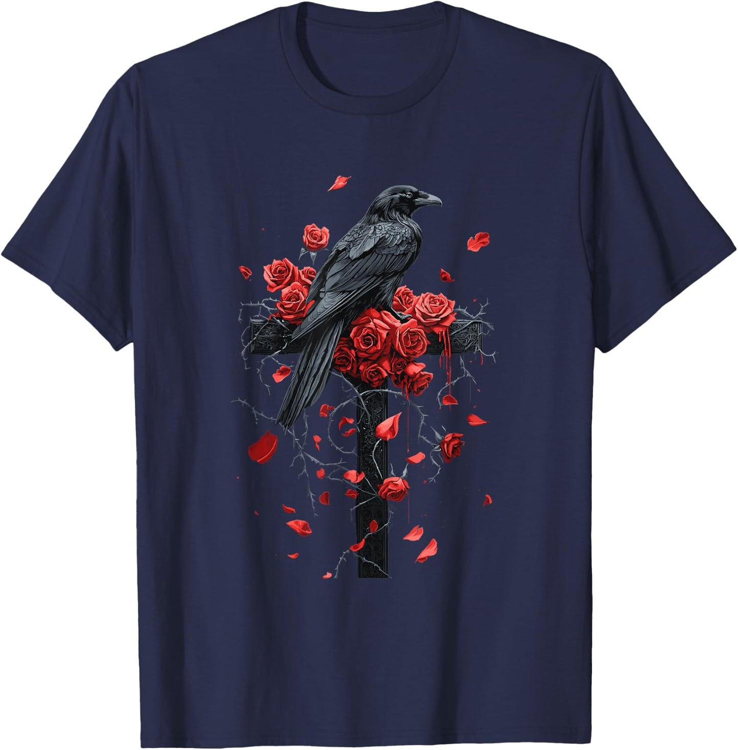 Raven with Roses on Cross Gothic T-Shirt - T-Shirt | Navy