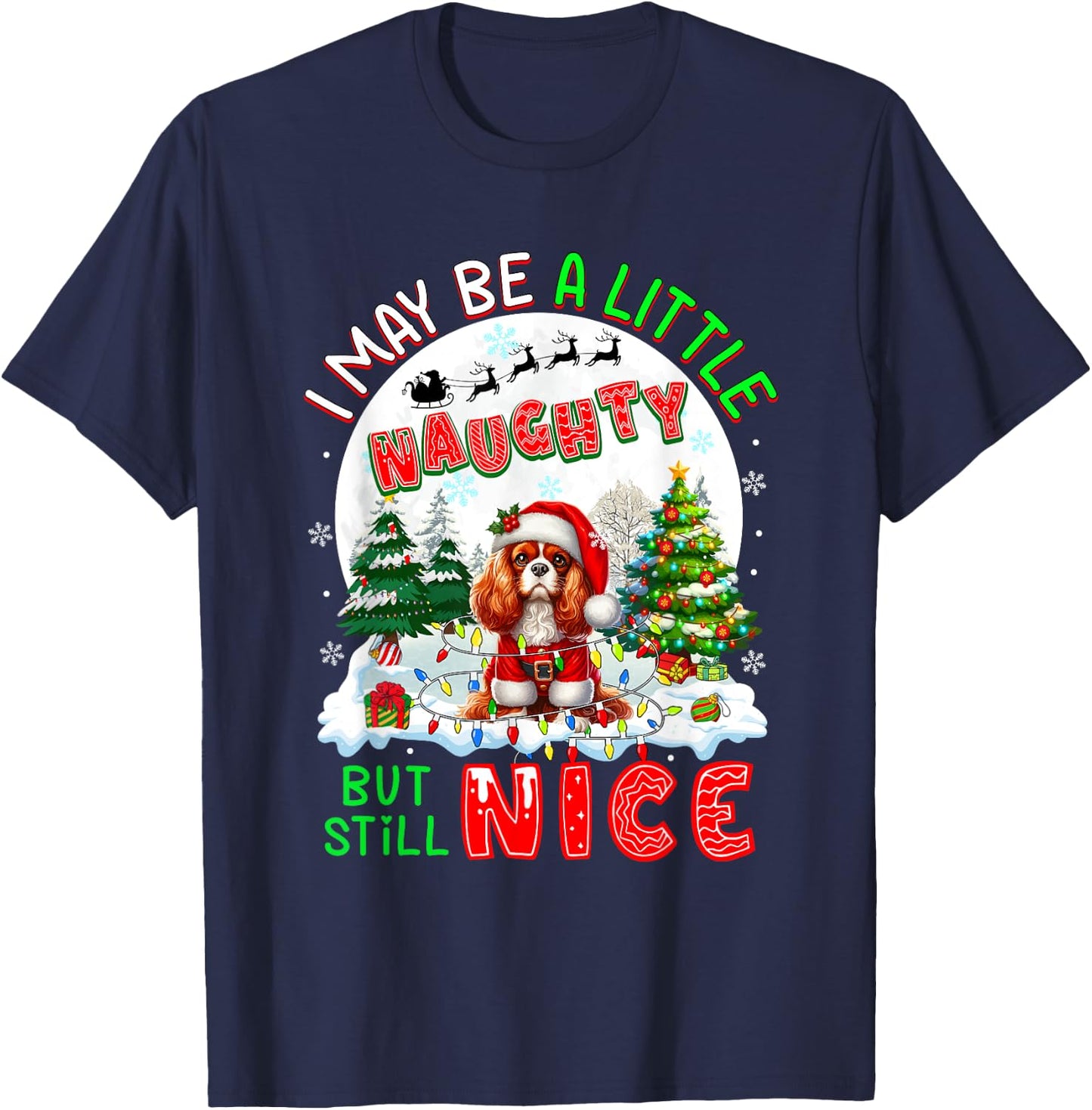 Little Naughty But Nice Xmas Cavalier King Charles Spaniel T-Shirt - T-Shirt | Navy