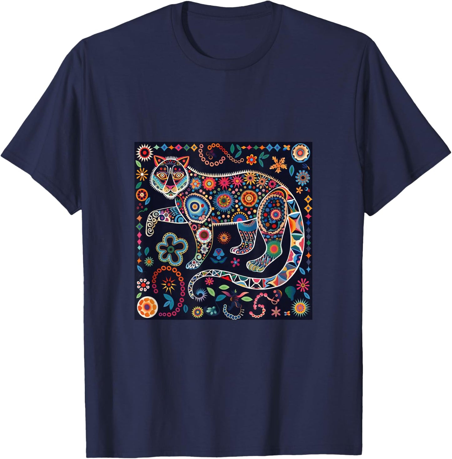 Jaguar Head Huichol Art Mexico Aztec Mayas T-Shirt - T-Shirt | Navy