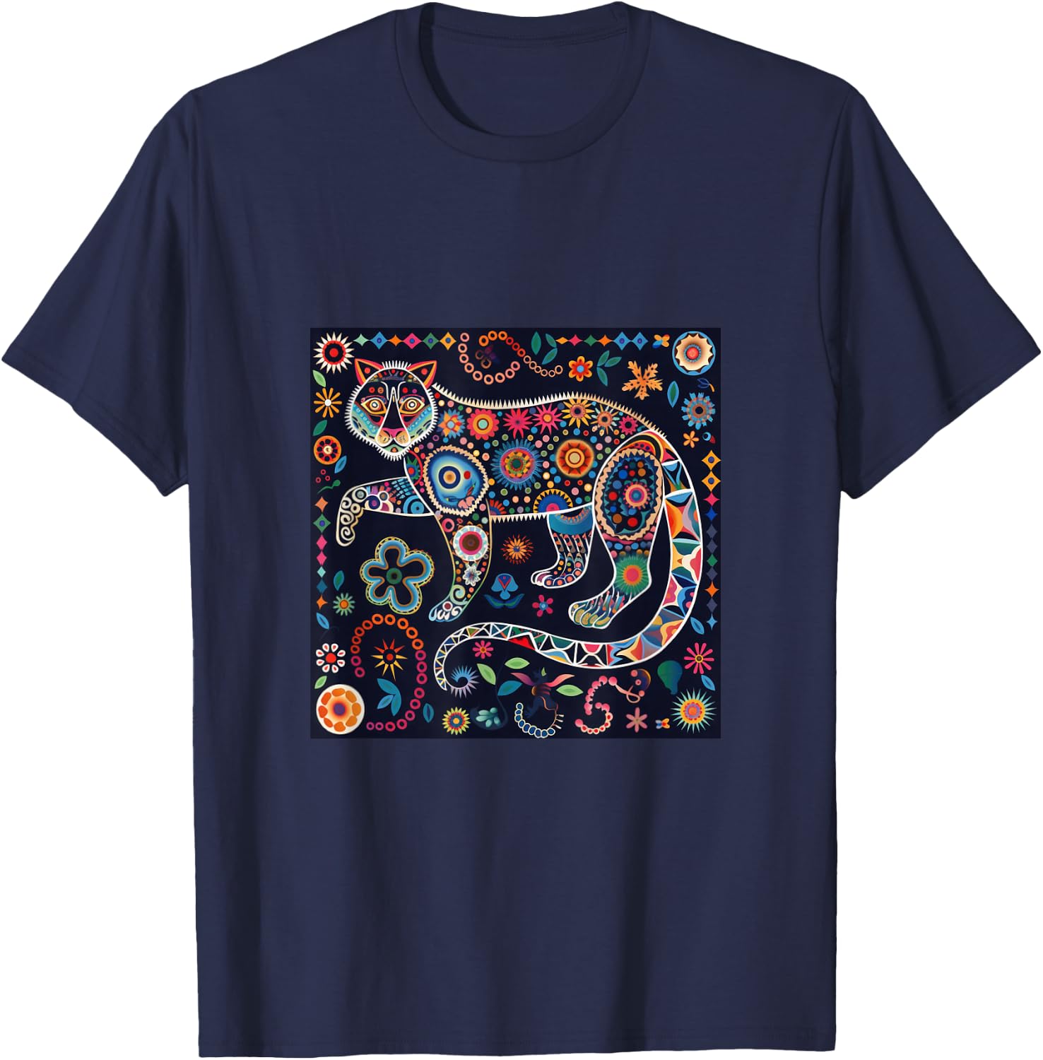 Jaguar Head Huichol Art Mexico Aztec Mayas T-Shirt - T-Shirt | Navy
