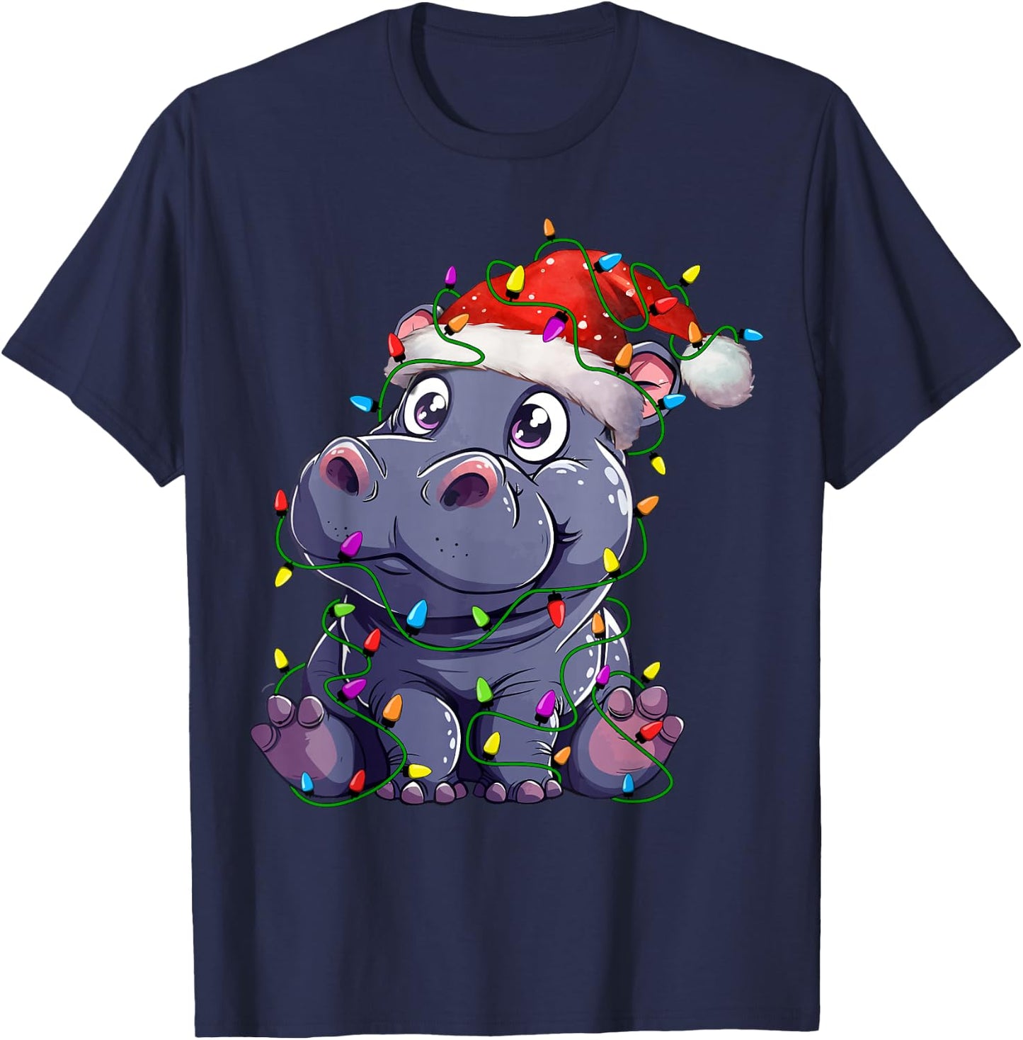 Hippopotamus Santa Christmas Tree Lighting Xmas Funny T-Shirt - T-Shirt | Navy