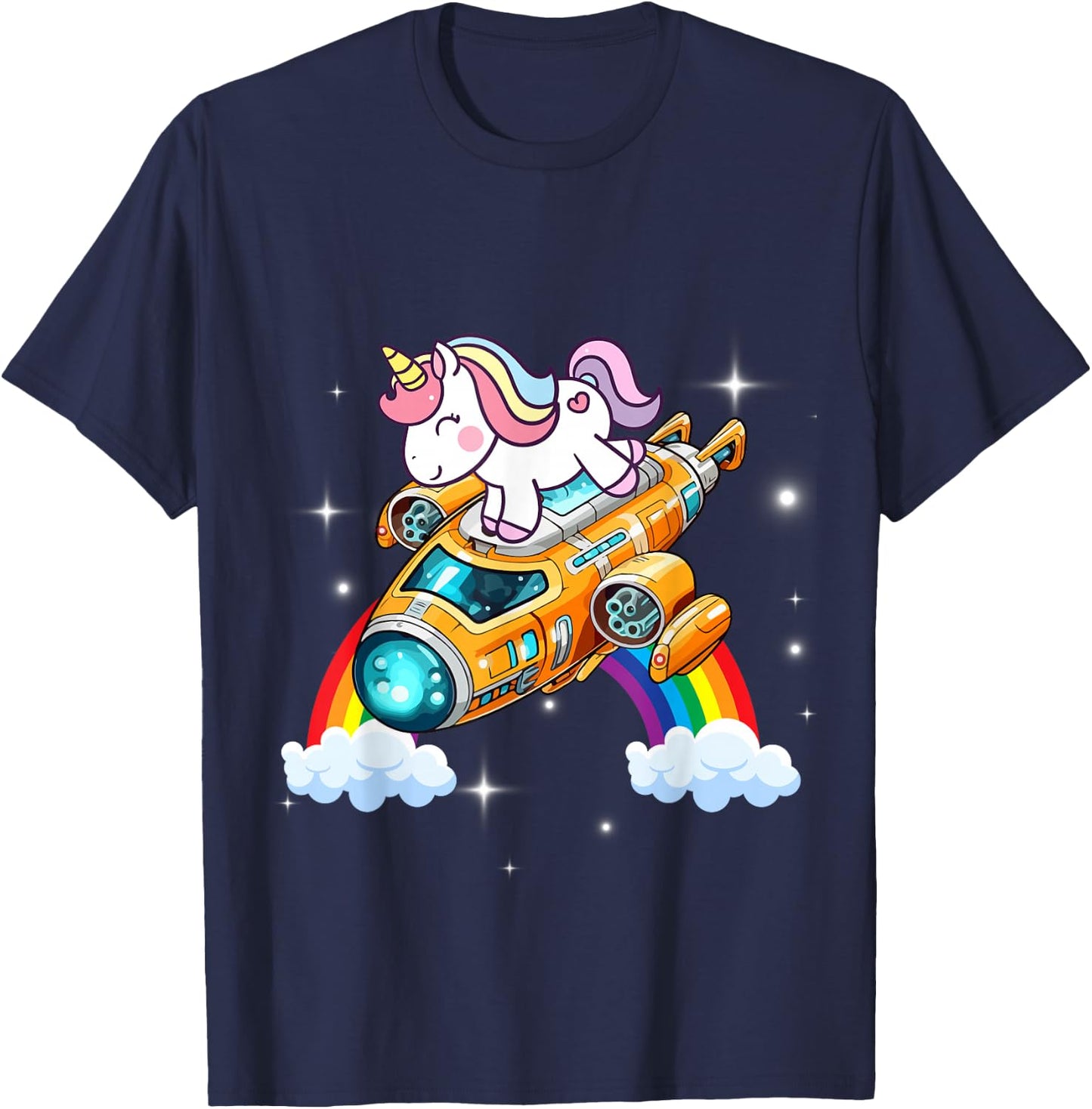 Unicorn Riding Spaceship Women Men Kids Teens Boys Girls T-Shirt - T-Shirt | Navy