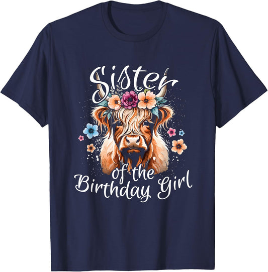 Sister Of The Birthday Girl Highland Cow T-Shirt - T-Shirt | Navy