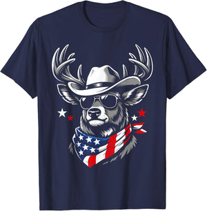 Retro USA Deer Cowboy Sunglasses Western Flag Patriotic T-Shirt - T-Shirt | Navy