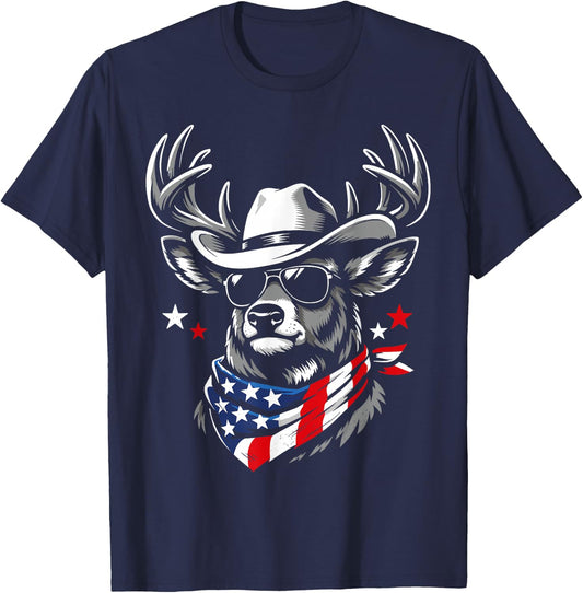 Retro USA Deer Cowboy Sunglasses Western Flag Patriotic T-Shirt - T-Shirt | Navy